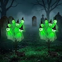 2 Pack Halloween Outdoor Solar Lights,12 LED Solar Ghost Pathway Lights with Witch Hats,IP65 Waterproof Spooky Chic Halloween Witch-Themed Decor for Garden Yard Pathway