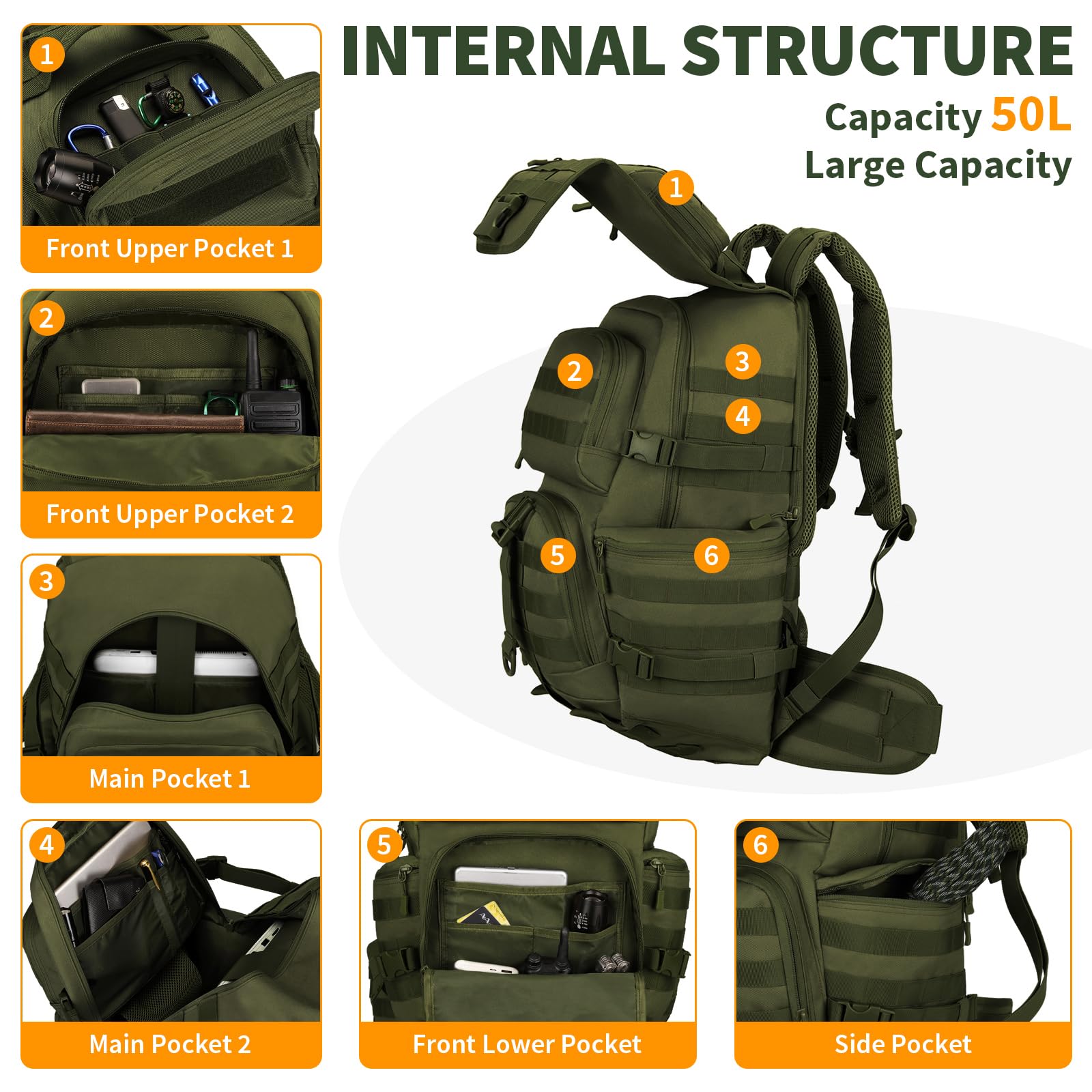HUNTVP Wanderrucksack 50L Militar Rucksack Herren MOLLE Taktischer Rucksack Trekkingrucksack für Herren Damen Outdoor Wandern Trekking Camping