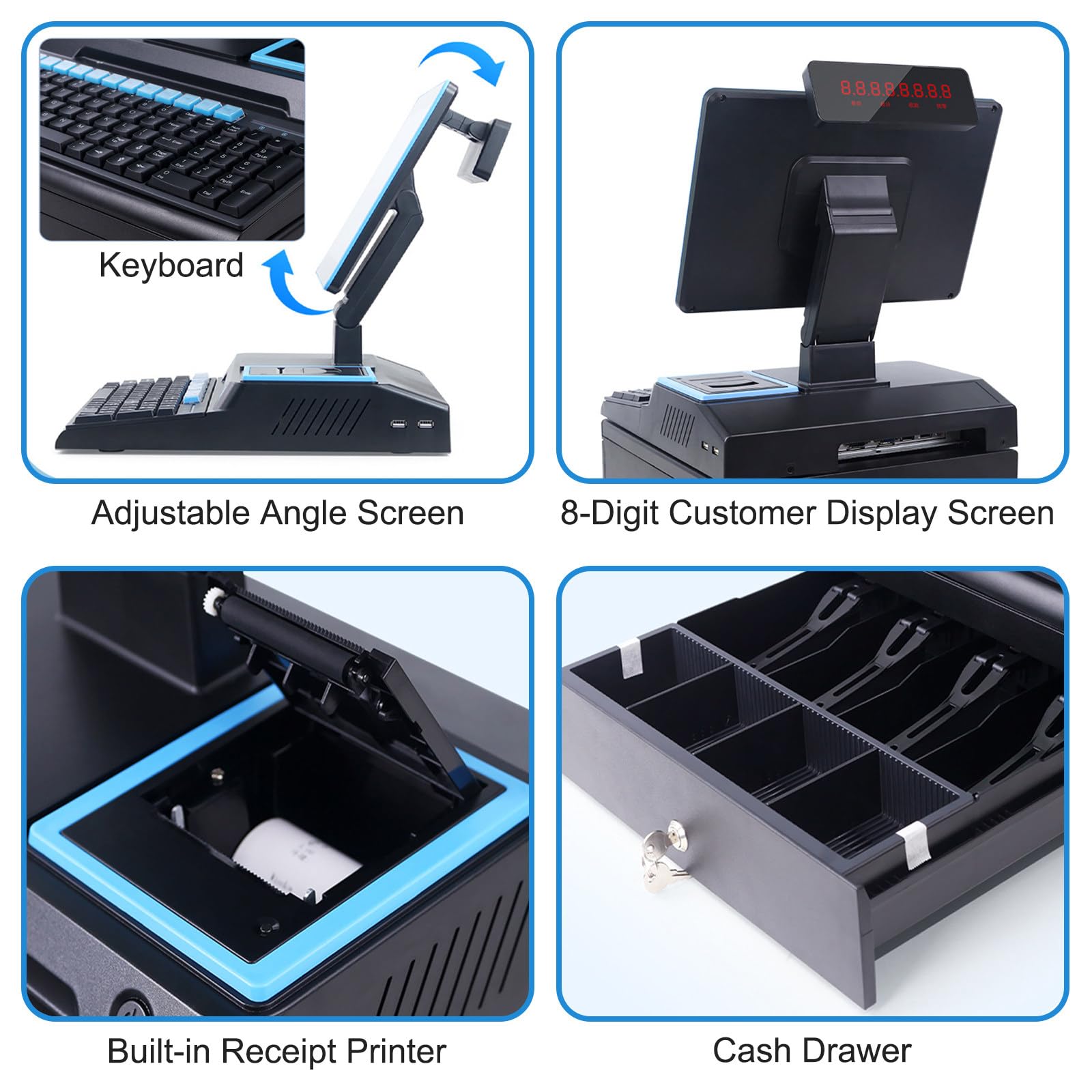 Registratore di Cassa Touchscreen da 15,6 Pollici per POS, Ideale per Piccole Imprese, con Tastiera, Cassetto Contanti e Stampante Single Screen Black