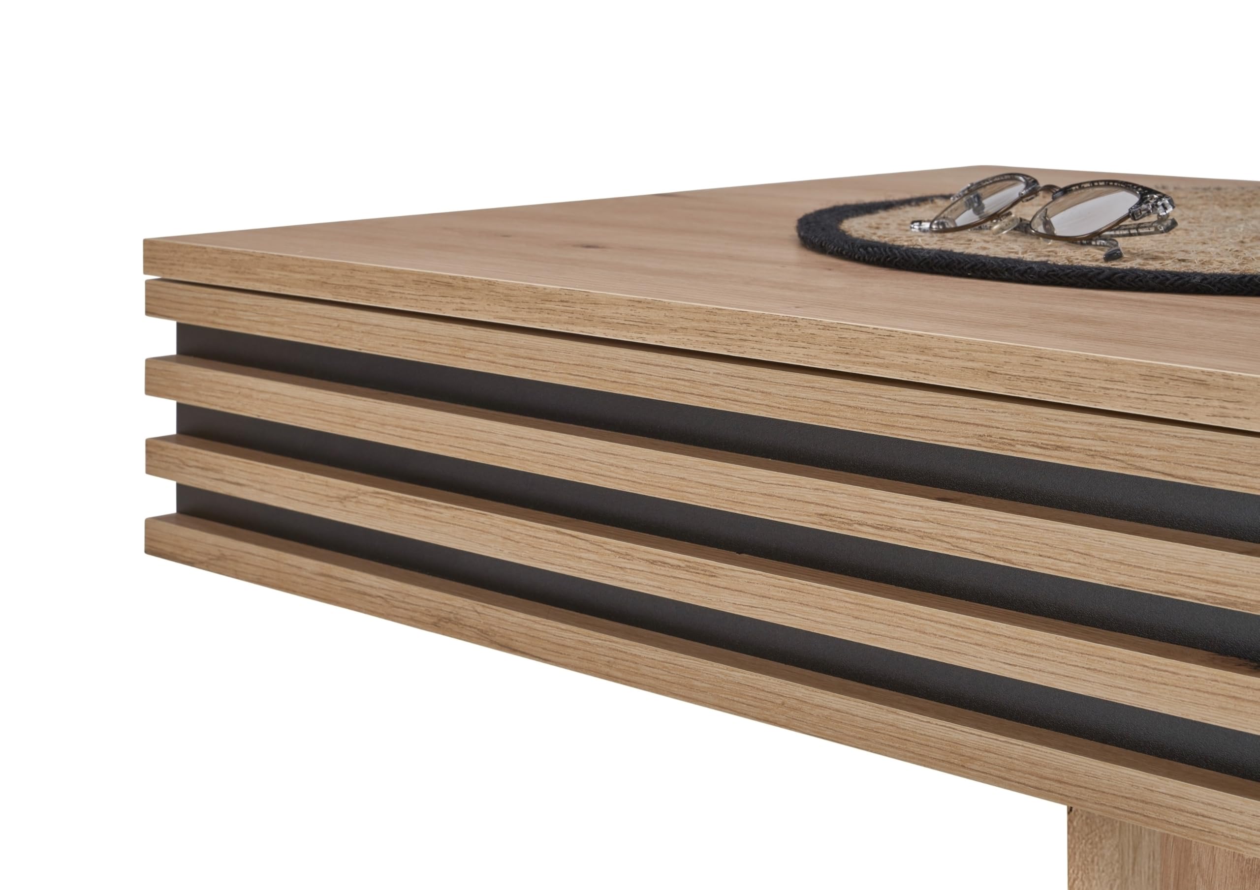 möbelando Couchtisch Luara 110x60 cm – Moderner Wohnzimmertisch in Artisan Eiche Dekor mit 2 Schubladen & schwarzem Akzent – Stabil & Pflegeleicht