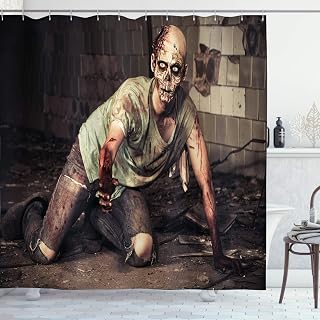 Ambesonne Zombie Shower Curtain, Halloween Scary Dead Man in The Old Building with Bloody Head Nightmare Theme, Cloth Fabric Bathroom Decor Set with Hooks, 69" W x 70" L, Grey Mint Peach