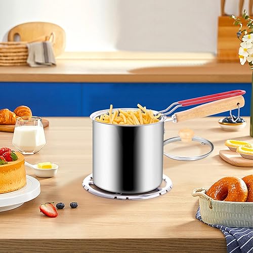 Miniatura 7 de Huakaile 5 piezas de 45.7 onzas1.3 L 304 de acero inoxidable 304 olla con cesta, tapa y pinzas, olla de mango de madera con colador, recipiente de