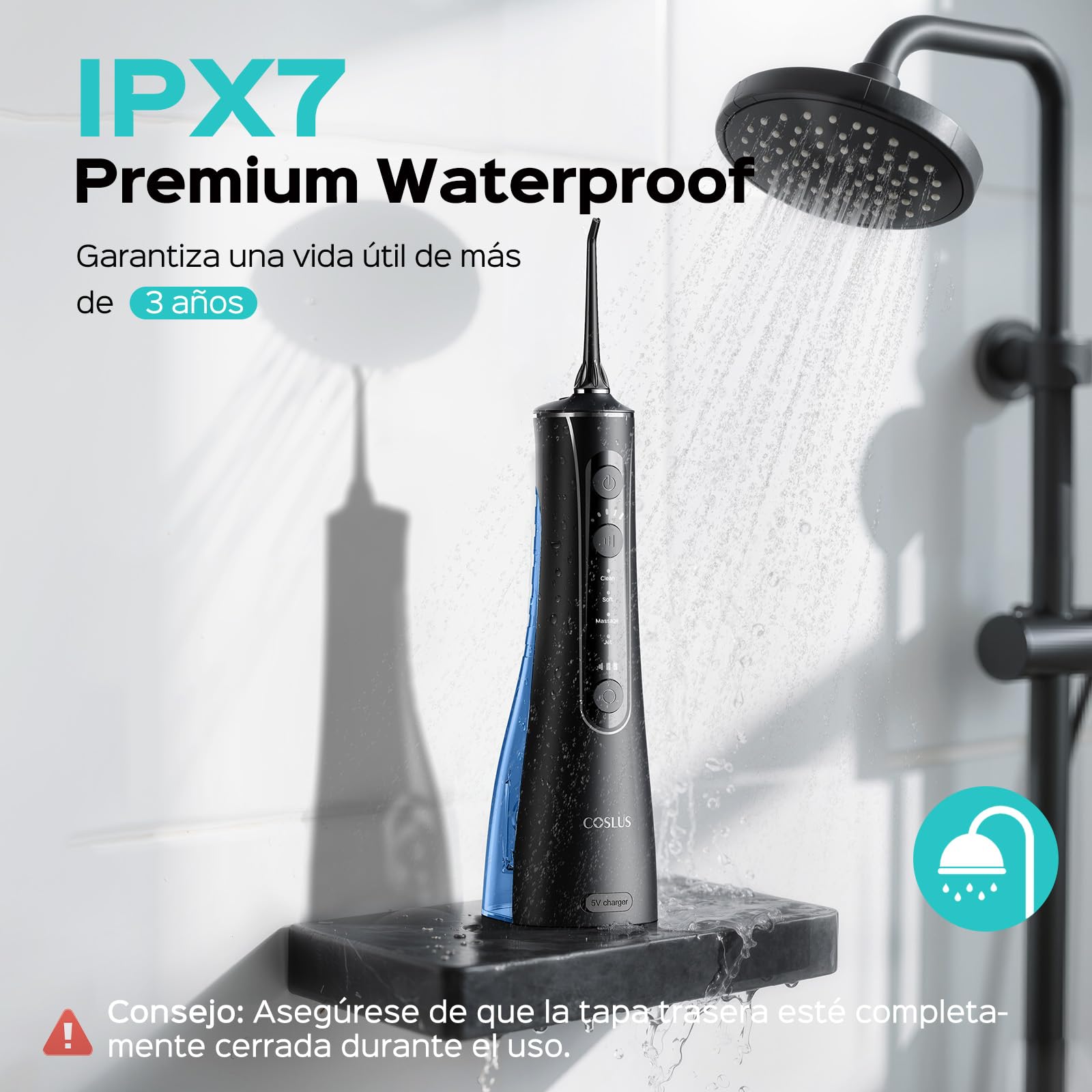 COSLUS Irrigador Dental Bucal Portatil: 4 Modos y 20 Presión - IPX7 Irrigador Bucal Inalámbrico para Salud Bucal Braces Encías Sensibles -Limpieza Dental de Viaje Hogar con 4 Boquillas -Negro Oscuro