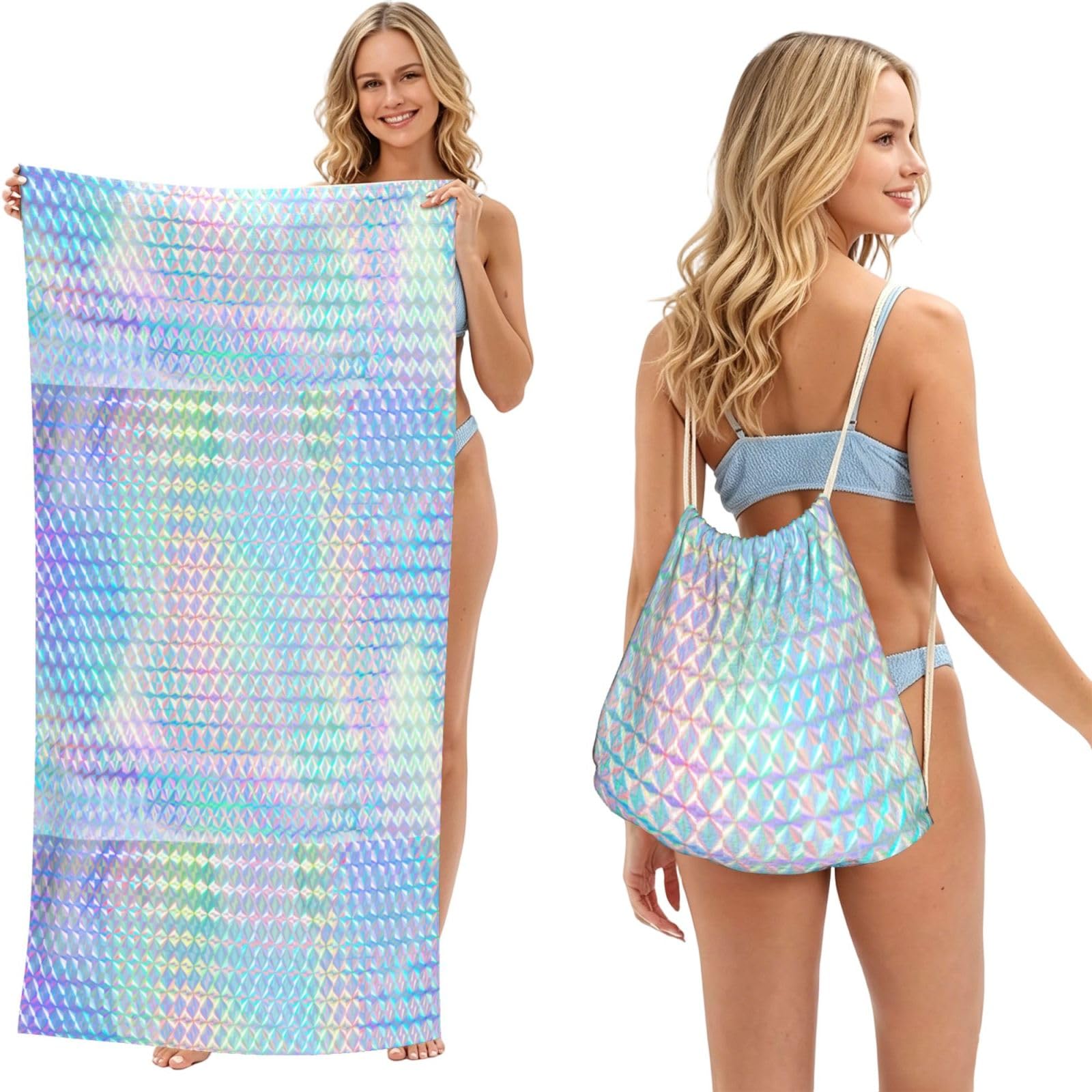 Poadnly As Picture Colourful Rainbow Colour Hologram Holographic, 2 In 1 Packable Towel Bag, Beach Towels With Drawstring Backpack For Travel Holiday Camping