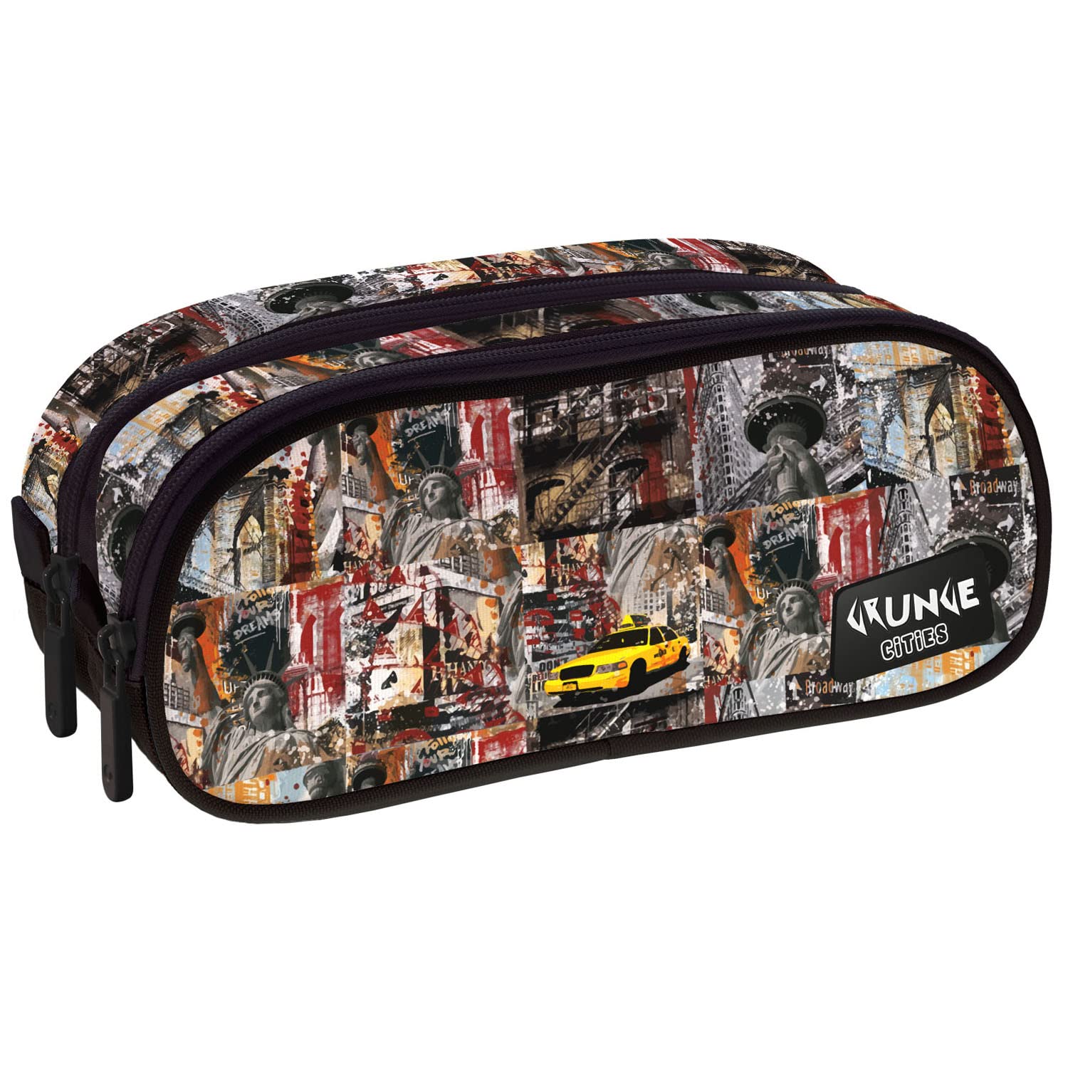 Grafoplás 37542918 School Pencil Case Double Zipper, 24.5x9.5cm, Grunge Cities Collection, New York, Multicoloured