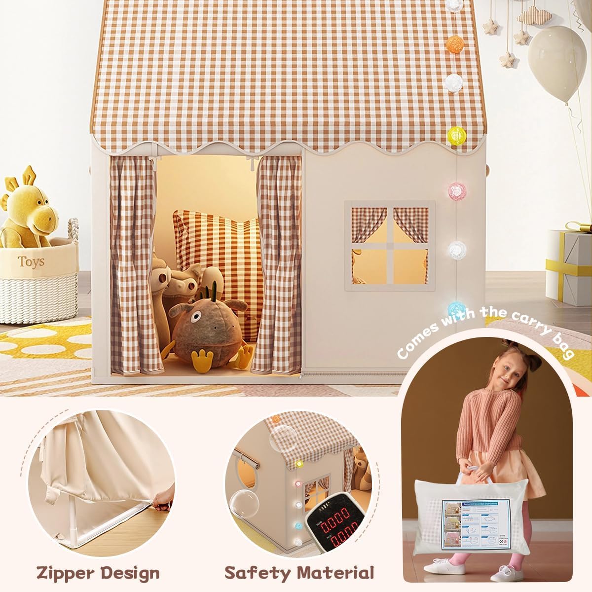 MUHMUH Tente de jeu intérieure pour enfants, avec fenêtre, maison d'enfant, coin câlin, décoration de chambre d'enfant (couleurs neutres)