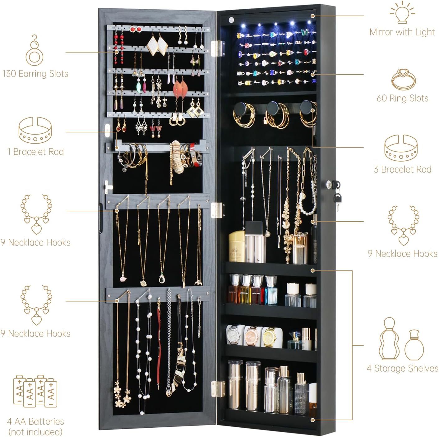 Full Length Mirror Jewelry Cabinet Organizer Lockable Door Wall-Mounted Jewelry Armoire with Shelves and Behind the Door Storage Black - Image 3