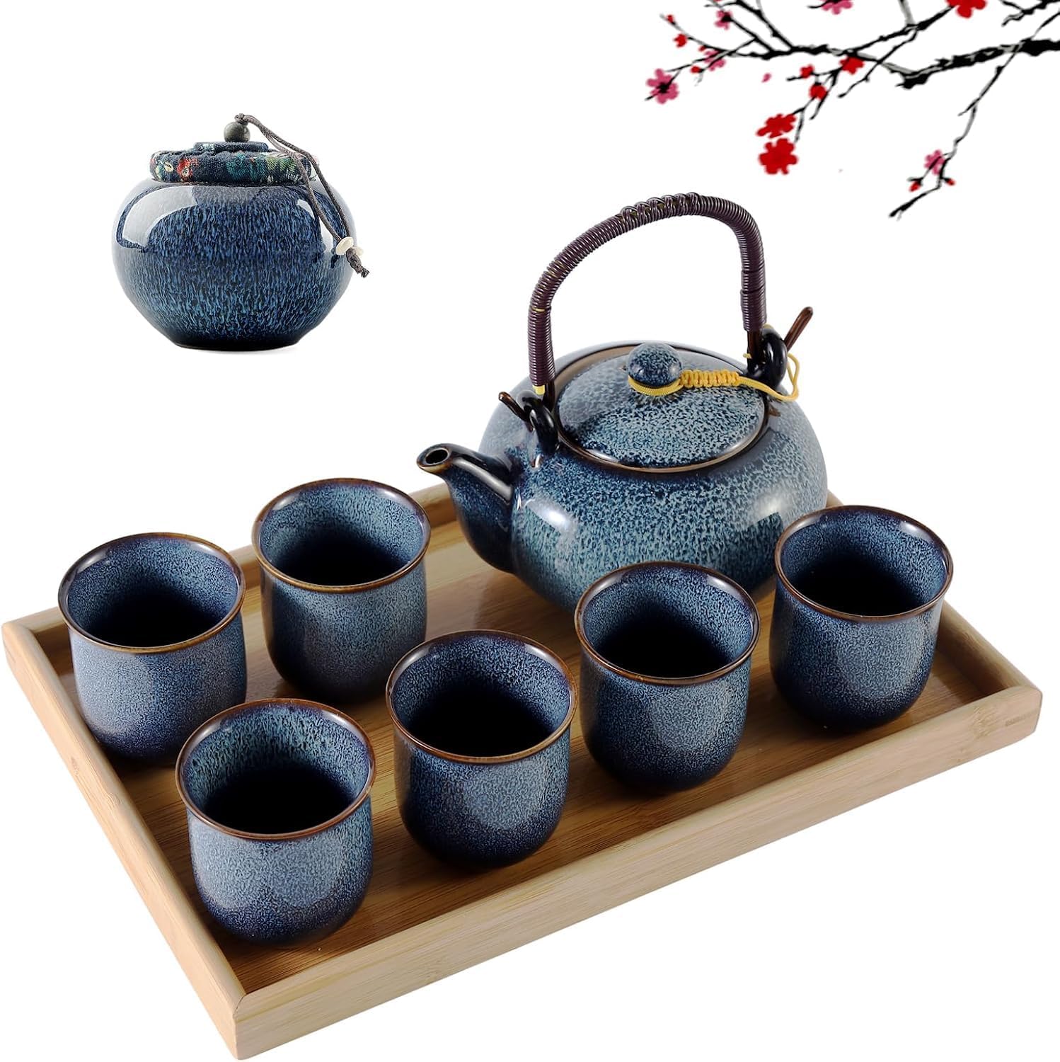 DUJUST Japanese Tea Set for 6 & Tea Canister, Kiln Altered Glaze Porcelain Tea Set with 1 Teapot, 6 Tea Cups, 1 Tea Tray & 1 Tea Canister - Light Blue
