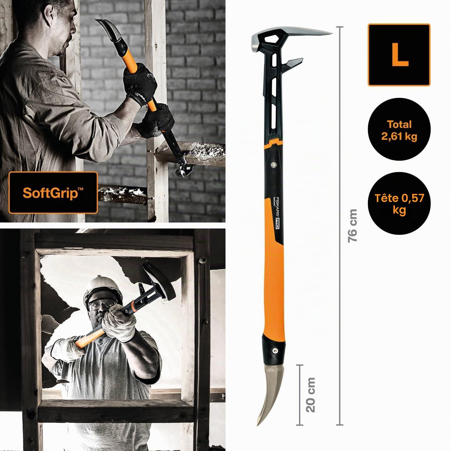 Fiskars Marteau multifonction IsoCore L, Pour divers travaux de démolition, Longueur : 75,3 cm, Poids : 2,6 kg, Noir/Orange, 1027221
