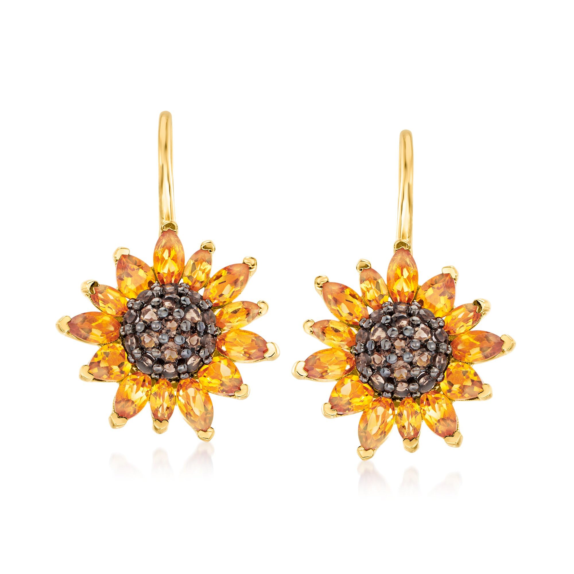 Ross-Simons3.50 ct. t.w. Citrine and .80 ct. t.w. Smoky Quartz Sunflower Drop Earrings in 18kt Gold Over Sterling