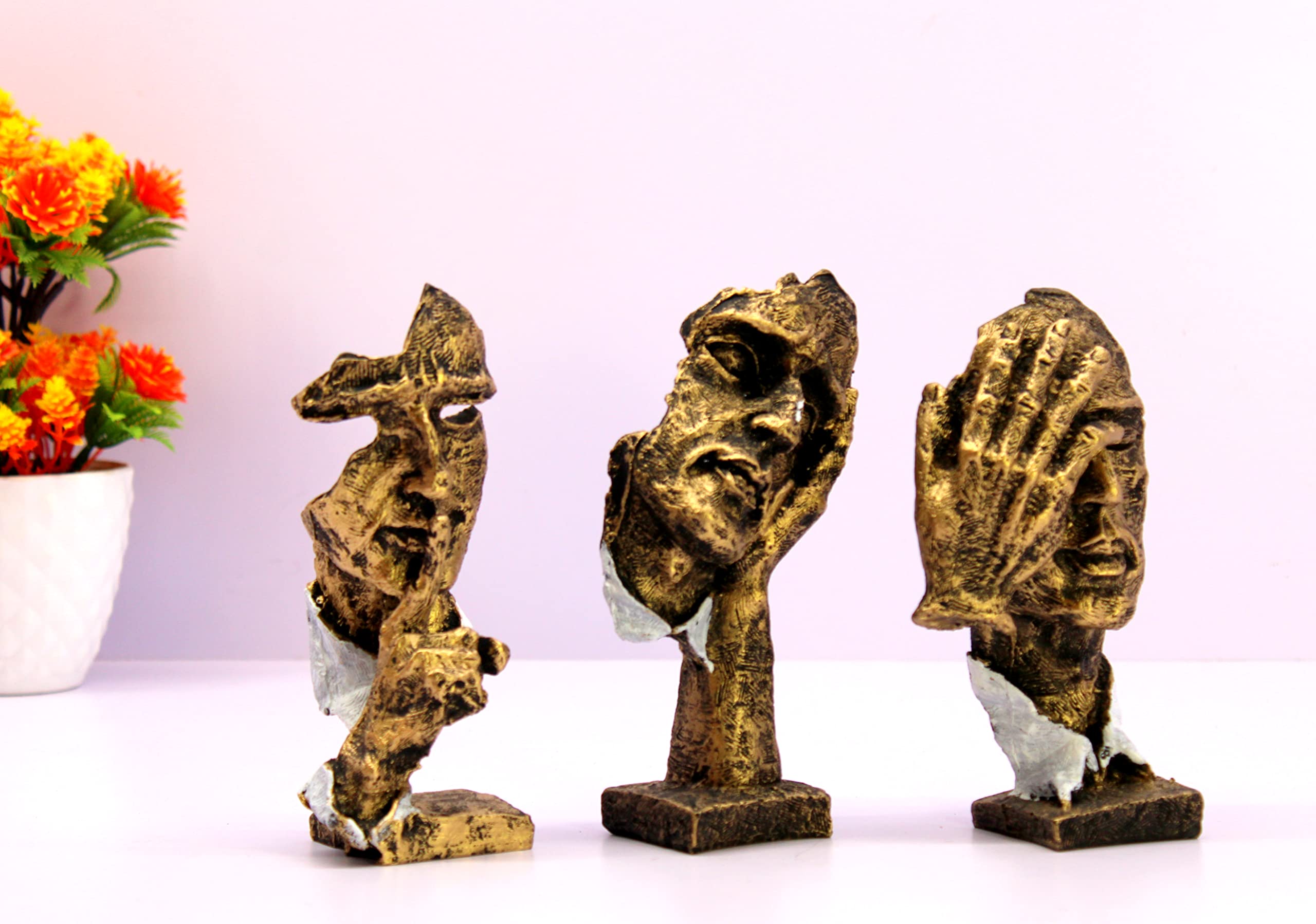 eSplanade Sculptures Zen Visages Humains (Lot de 3) - "Ne Voir, Entendre, dire Aucun Mal | Pièces de déclaration | Décoration d'intérieur en Résine 16,5 cm - Doré.