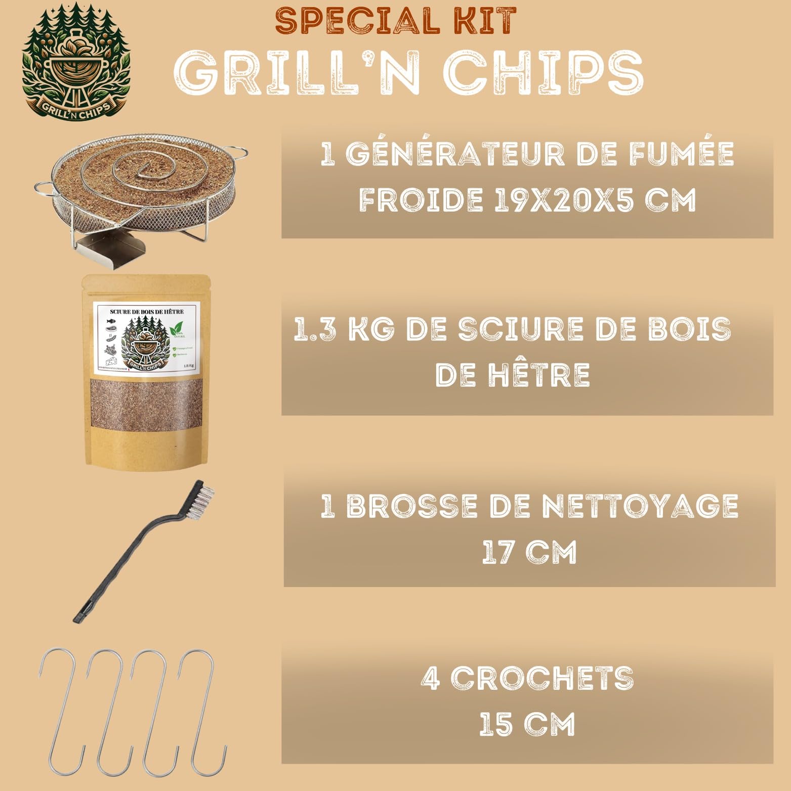 Generador/Serpentina de humo frío para ahumadero de carne y pescado + 1,2 kg de aserrín de madera de haya + 4 ganchos y 1 cepillo de limpieza - Guía digital PDF para descargar (Oferta)