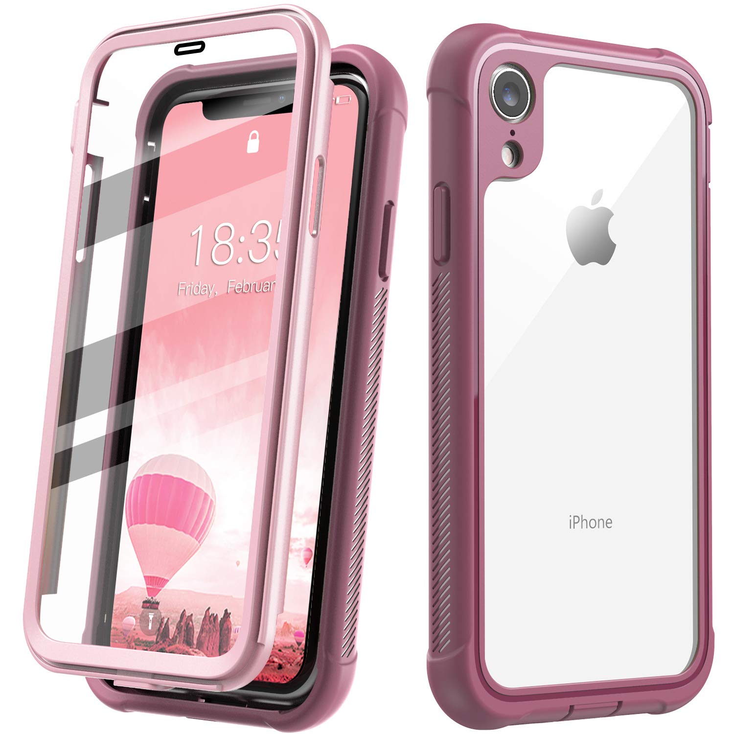 ATOP iPhone XR Case, Full-Body Protection Rugged Clear Bumper Case with Built-in Screen Protector, Heavy Duty Dropproof Shockproof Case for iPhone Xr 6.1 Inch (Pink/Clear)