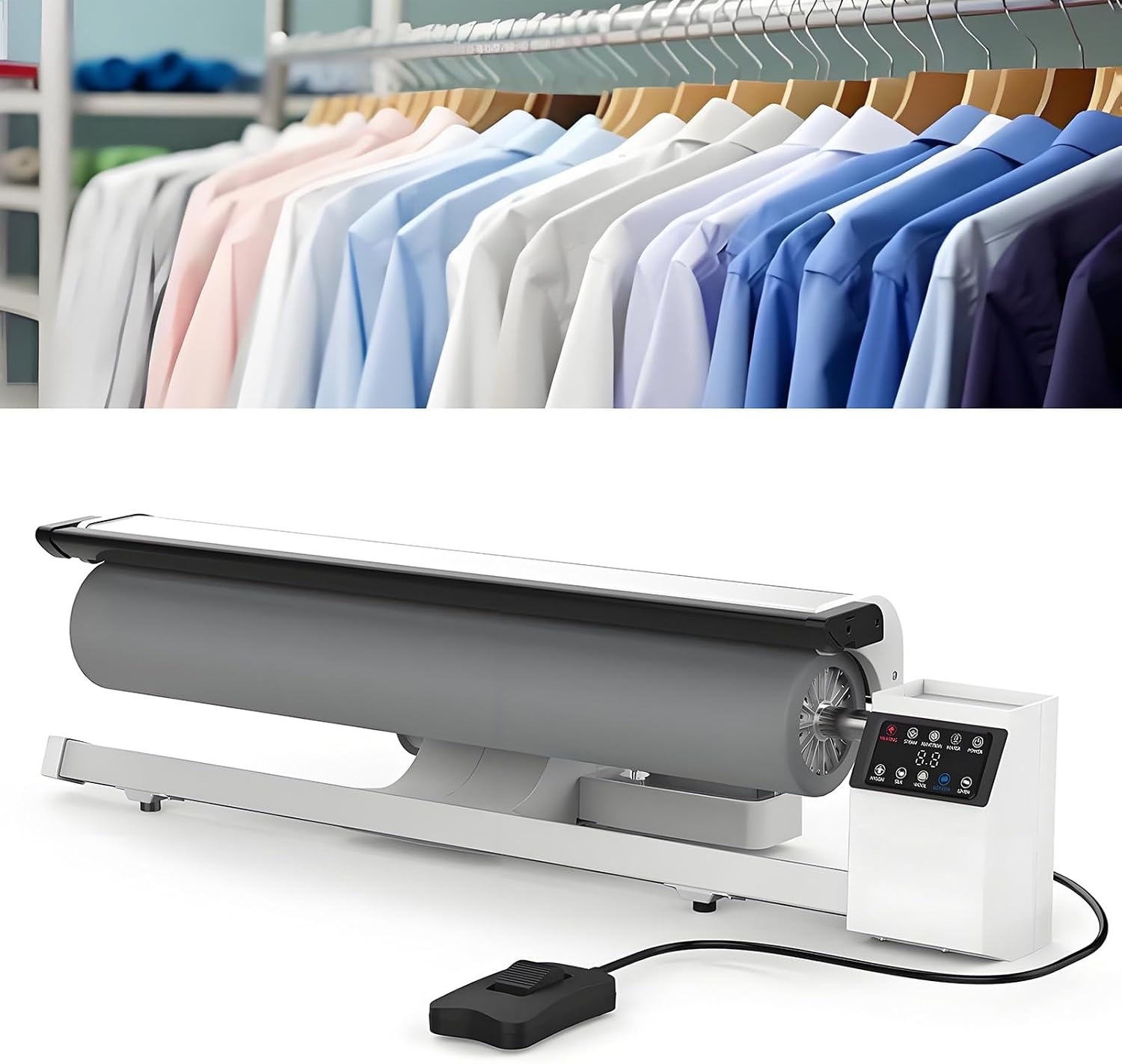 Commercial Roller Ironing Machine with LED Touch Screen, Industrial Fabric Steamer for Hotel Linen, Bed Sheets & Laundry, Foot Pedal Operations for Efficient Ironing