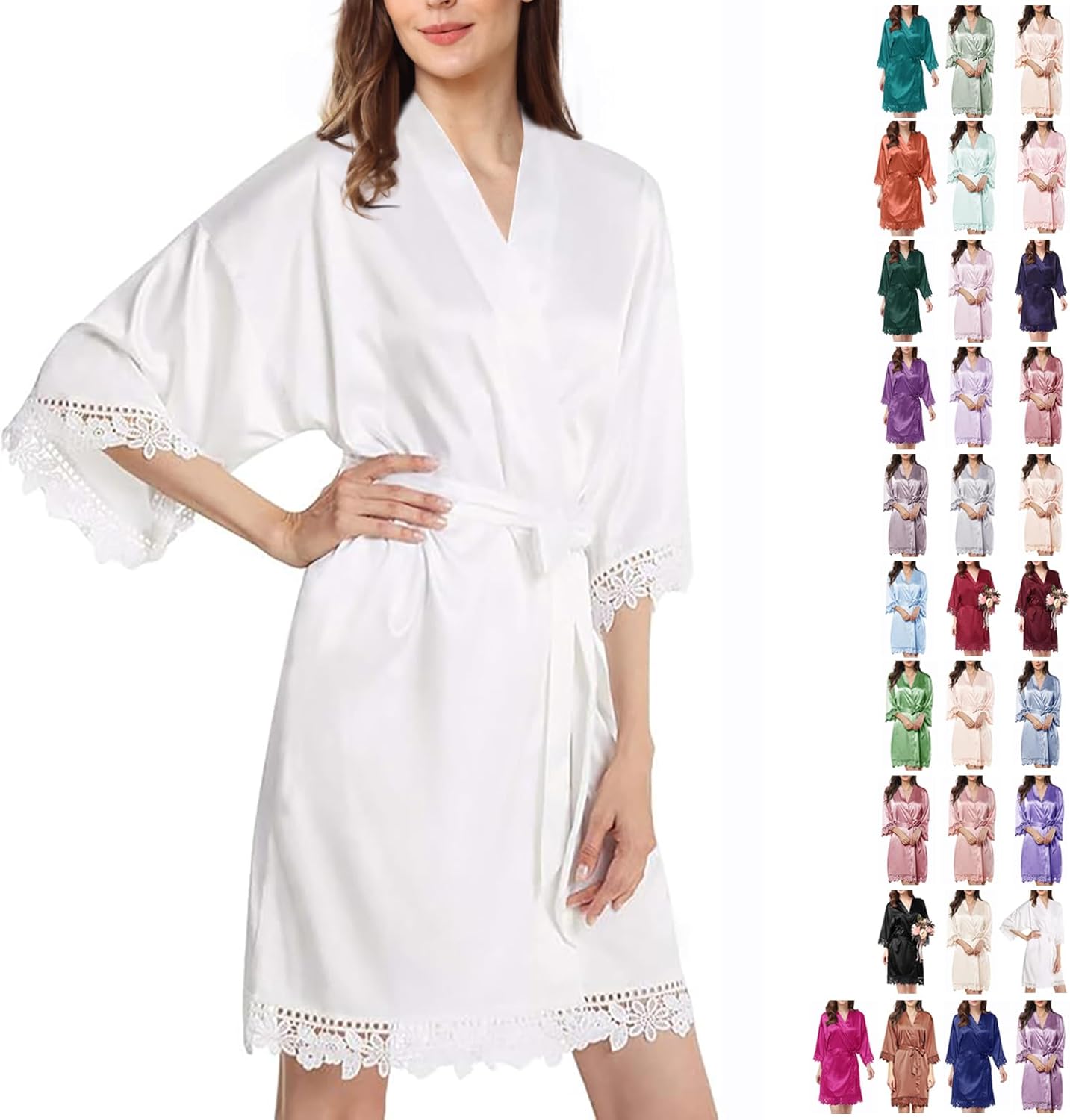 Womens Silk Robe Satin Robe Silky Kimono Lace Bathrobe Wedding Dressing Gown For Bridal Bride Bridesmaid Robes - Image 4