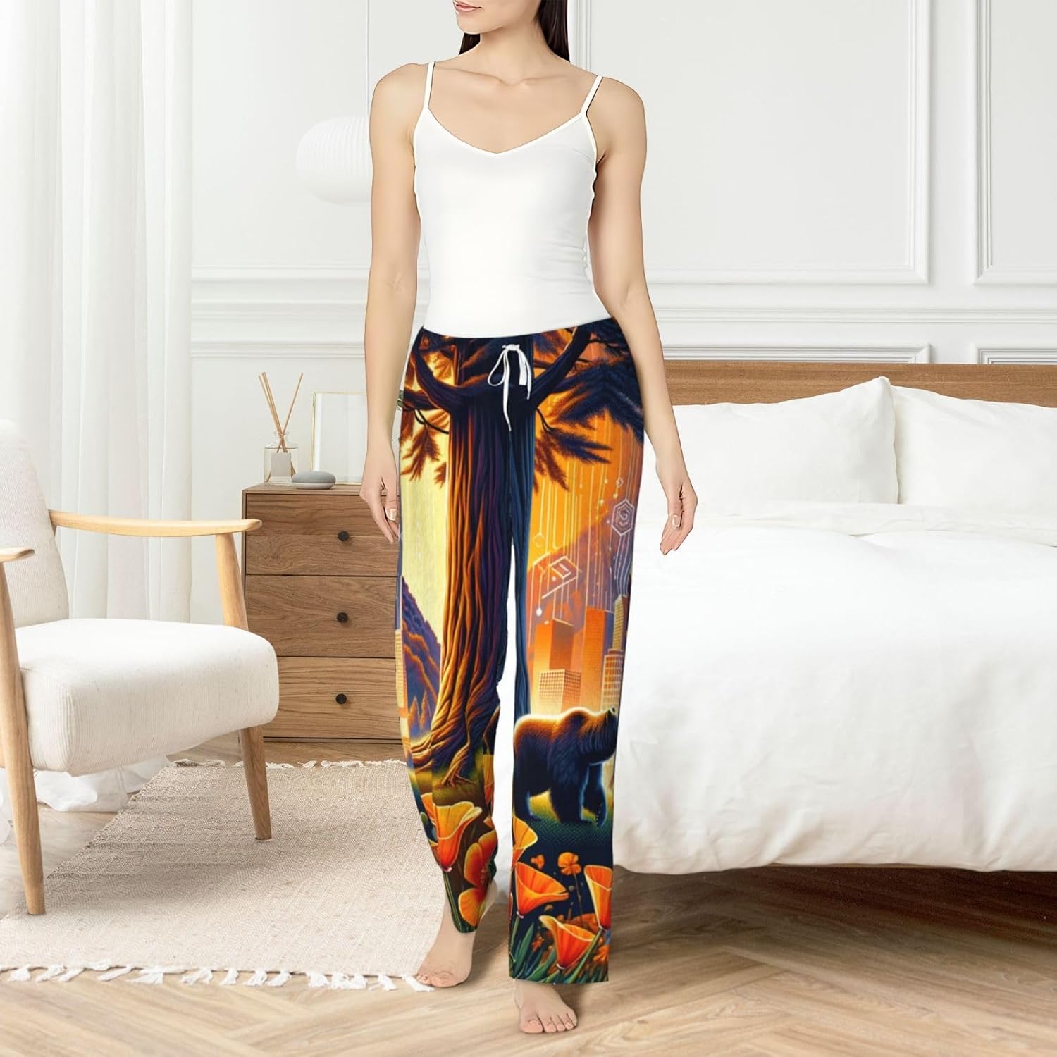 Women'S California-Poppies-Bear-Symbols Fleece Pajama Pants, Cozy Flannel Lounge Bottoms For Women