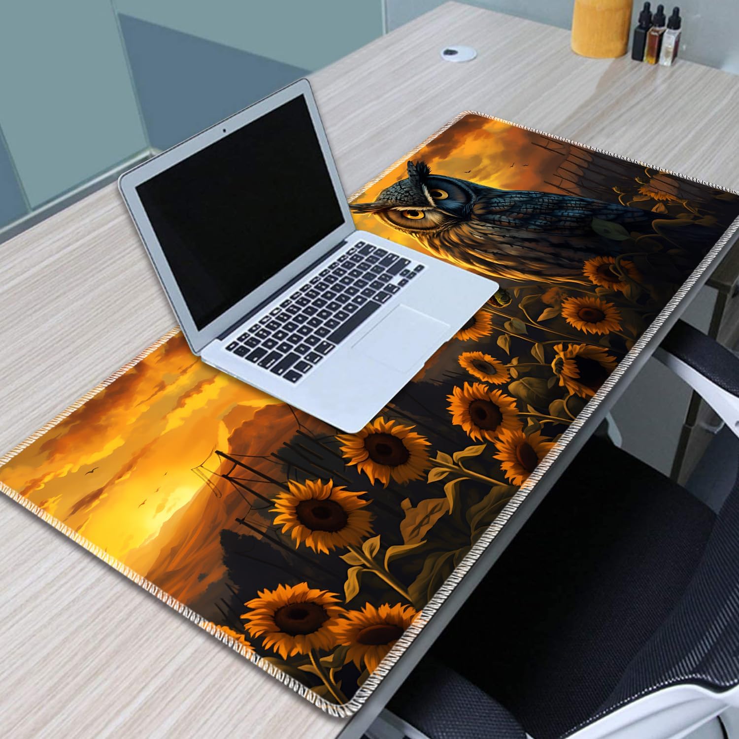 Gaming Mouse Pad Set, Large Gaming Mouse Pad+Keyboard Wrist Rest+Mouse Wrist Rest+Coaster, Easy Typing Pain Relief, 31.5 × 11.8 inch Desk Mat for Home Office - Owl Among Sunflowers at Dusk