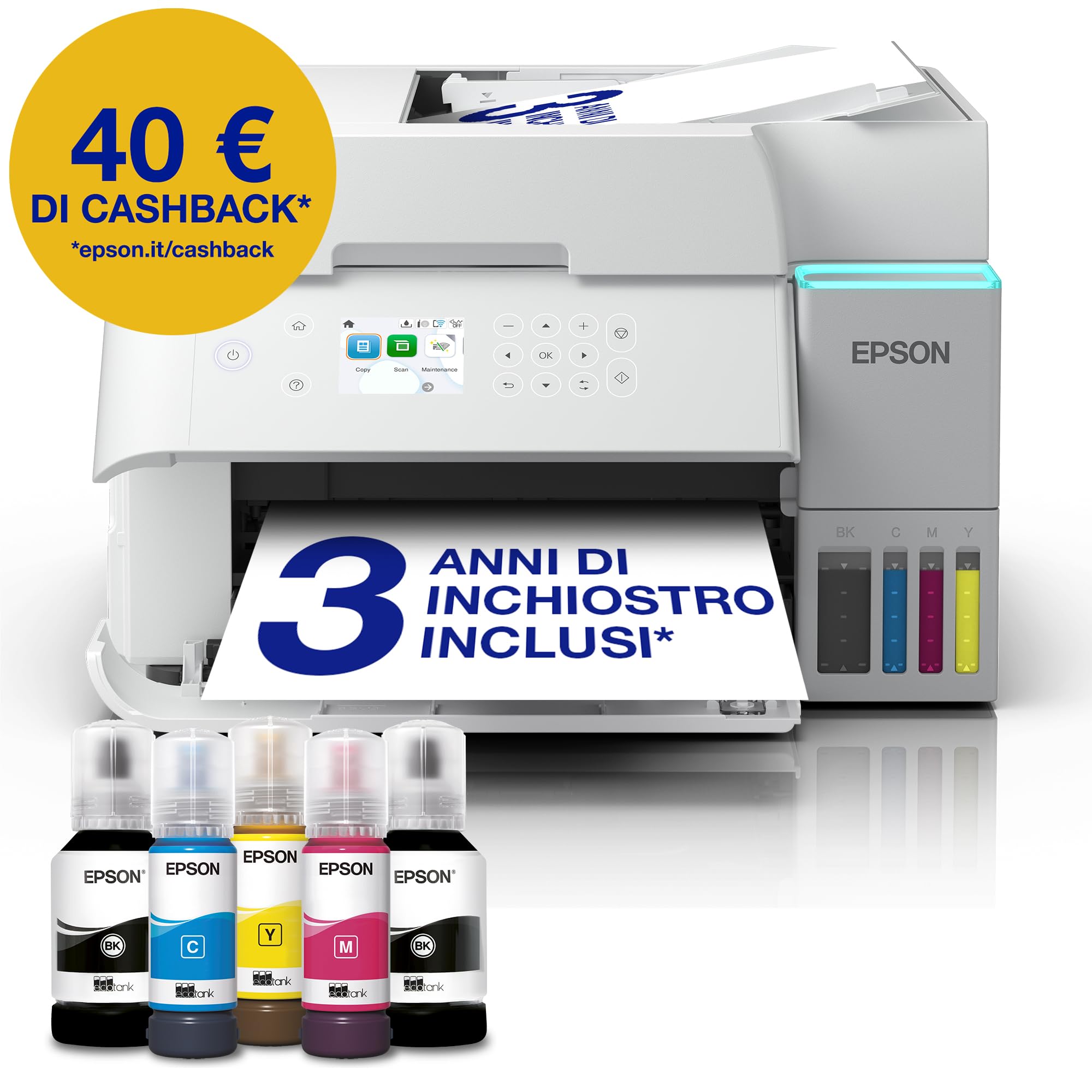 Epson EcoTank ET-3956 Stampante con Serbatoi D’inchiostro | Home Office | Wi-Fi | A4 | Fronte/Retro Stampa, Copia, Scansione | Display LCD 6.1 cm | ADF Da 30 Fogli | 3 Anni D'Inchiostro Inclusi