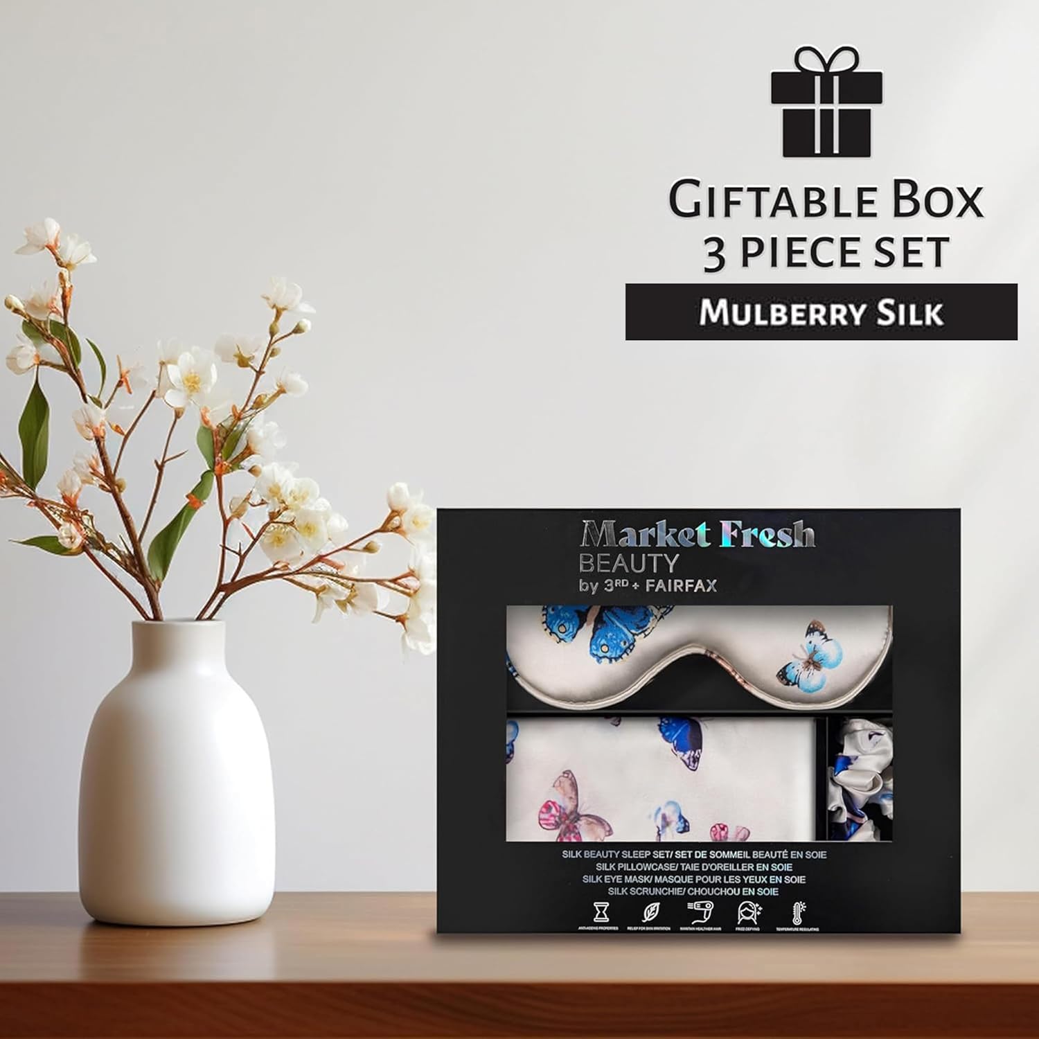 Mulberry Silk Pillowcase Gift Set, Eye Mask, Pillowcase, and Scrunchie for Gentle Sleep Reducing Breakage, Tangles, Creases, and Wrinkles - Queen Size - Butterflies