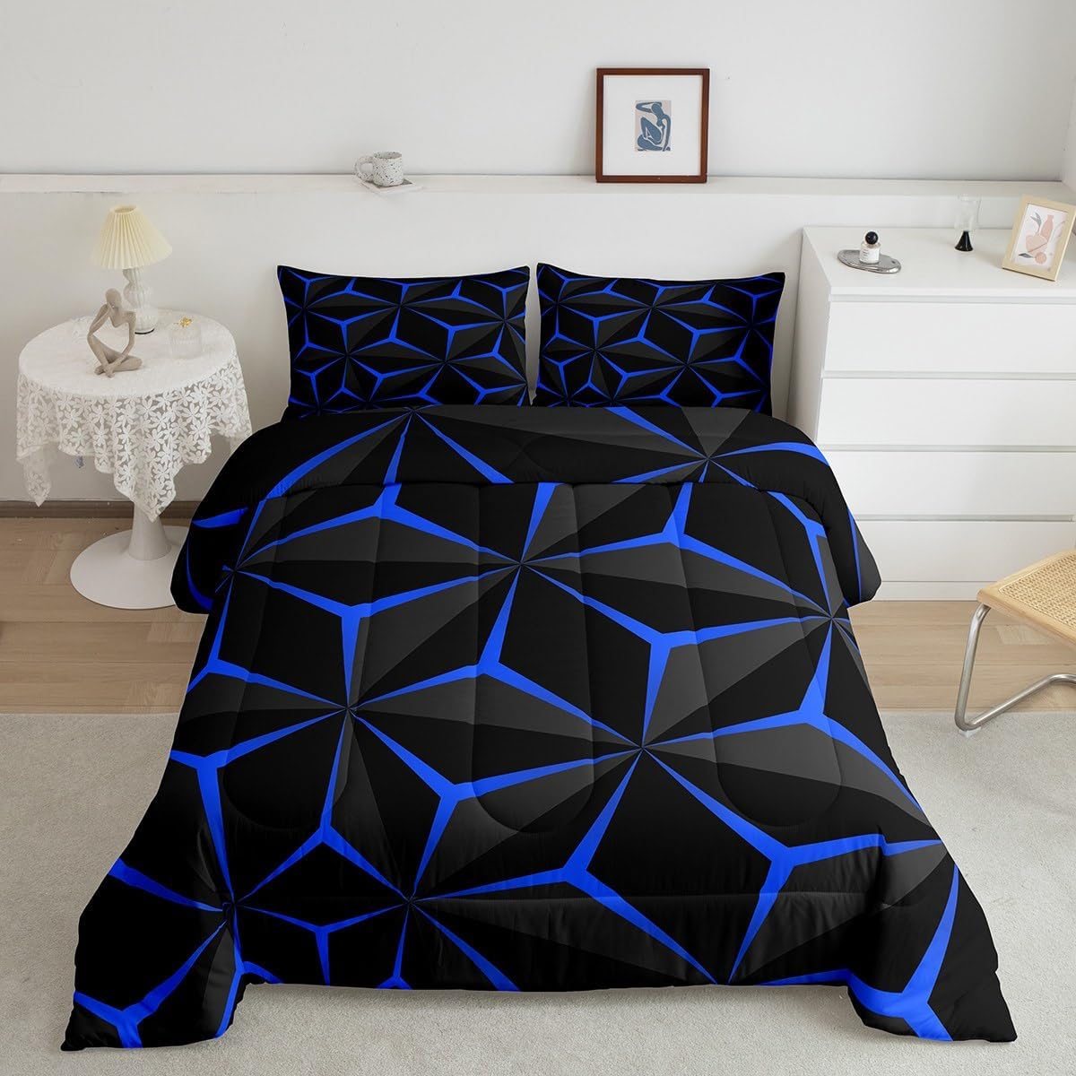 Feelyou Neon Honeycomb Comforter Twin Size,Geometric Stereoscopic Theme Teens Boys Bedding Set,Geometry Adults Bedroom Decoration 3D Blue Print Comforter Set All Season Multi 106 Twin
