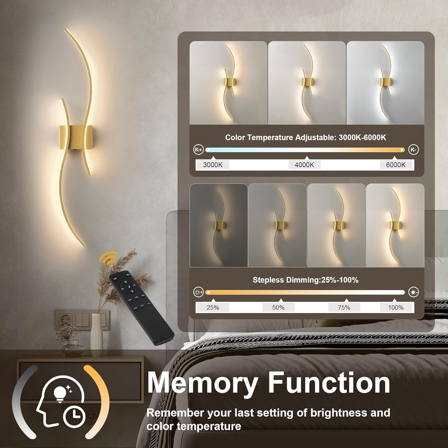 EaEa 100cm LED Akku Wandleuchte Kabellos, Dimmbar mit Fernbedienung & Timer, USB-Aufladbar 6000mAh, Ohne Bohren Schwarz Moderne Wandlampe Innen für Wohnzimmer Schlafzimmer Flur,Gold 1pack