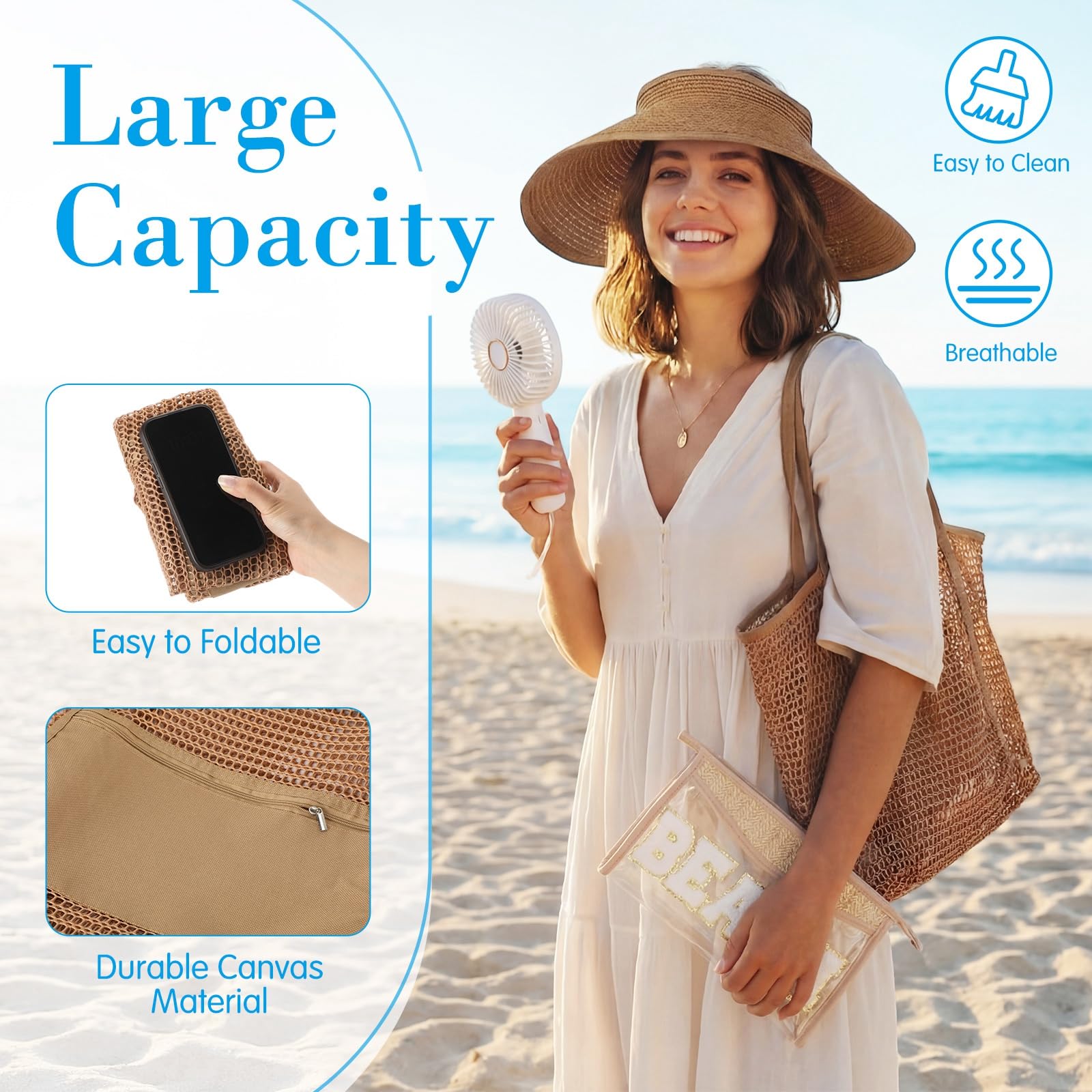 Hsei 4 Pcs Beach Gifts Set for Women Beach Tote Bag, Sun Hats, Makeup Bags, Handheld Fan Beaches Essentials for Summer Travel