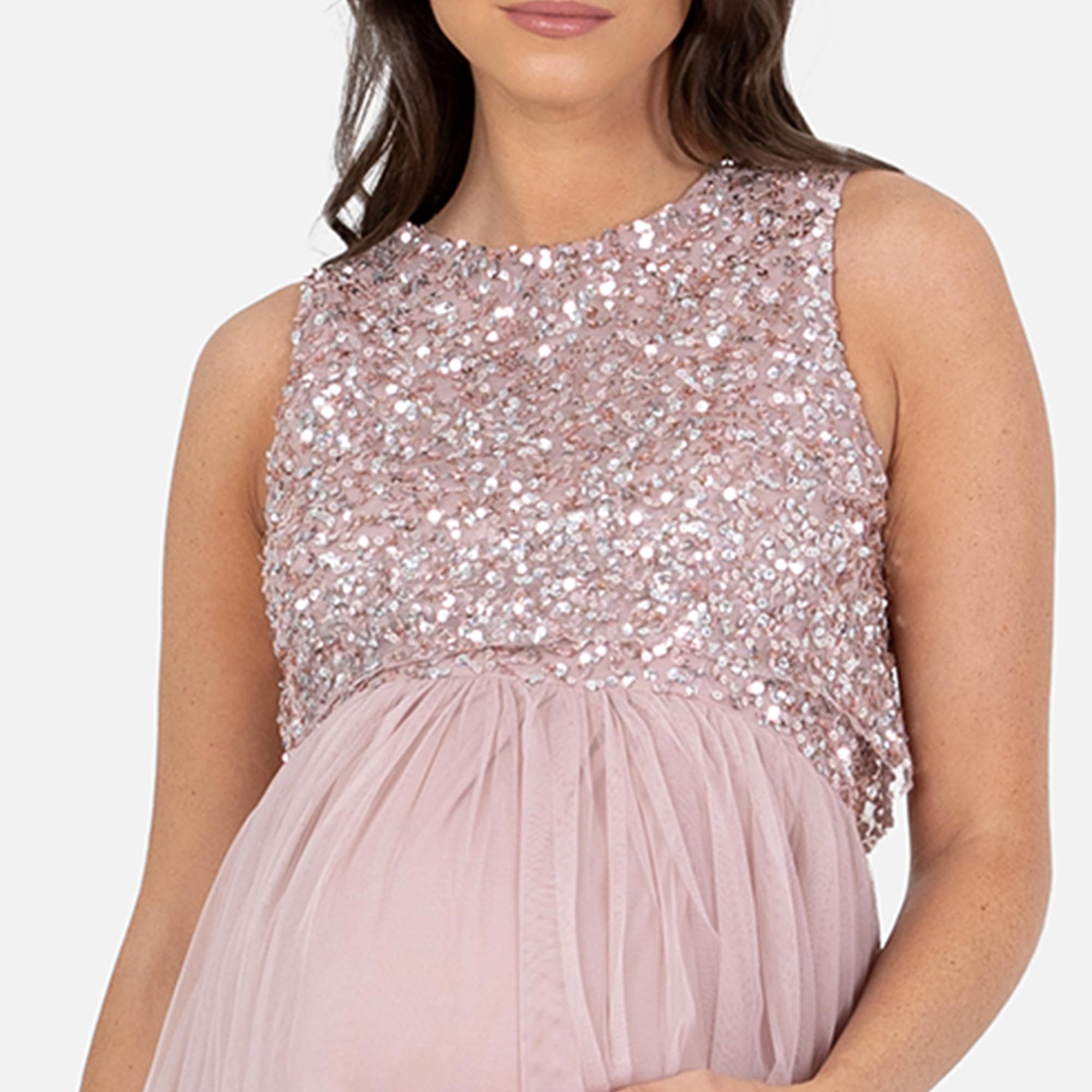 Maya Deluxe Womens Ladies Maternity Dress for Pregnant Wedding Guest Midaxi Sleeveless Sequin Embellished Tulle Crew Neck Bridesmaid Vestito da Damigella d'Onore Donna (Pacco da 1)
