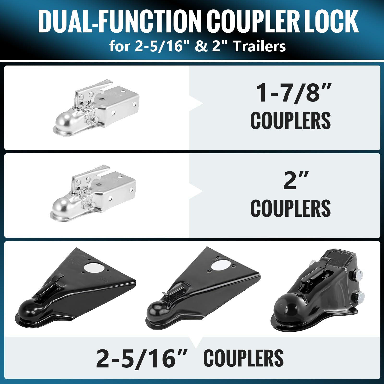 Trailer Lock Fits 2 ＆ 2 5/16 Inch Couplers, 2 in 1 Heavy Duty Trailer Coupler Lock, Ultra-Thick Solid Steel Trailer Hitch Lock, Camper Accessories for RV, Trailer, Boat, Pickup (Blue)
