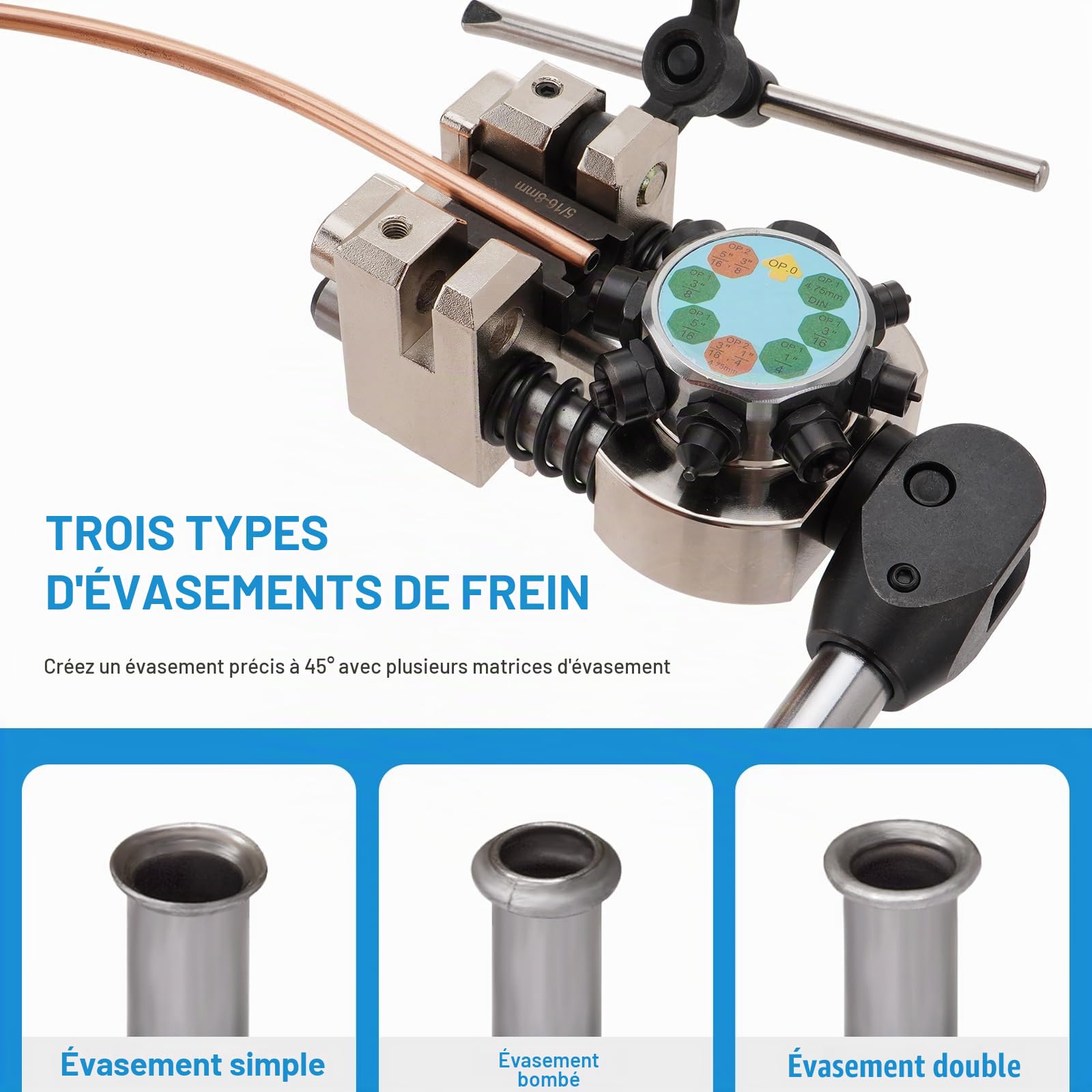 Évaseur pour conduites de frein, conduite de frein à 45 °, outil d'évasement pour évasement simple, à bulles et double (diamètre 4,75 mm/6,35 mm/8 mm/9,5 mm) bleu