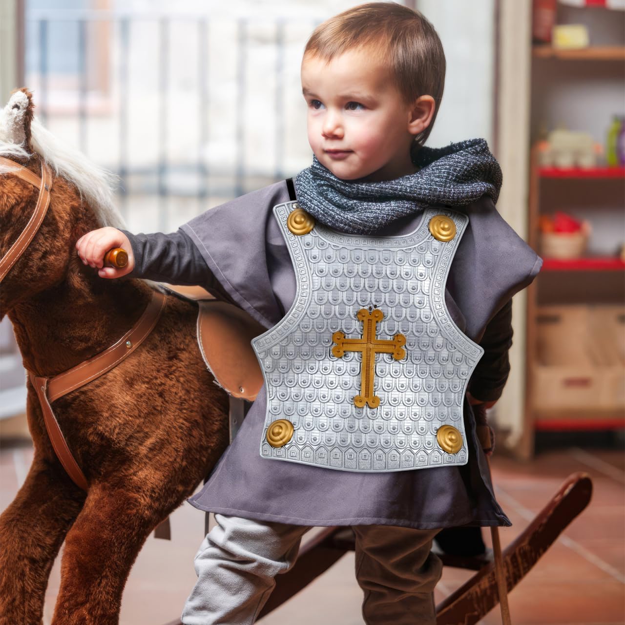 SAFIGLE Little Knight Armor Costume Set: Medieval Knight Shining Armor Soldier Role Play Vintage Plastic Costume - Wearable Vintage Gray Cross Breastplate Royal Dress Up