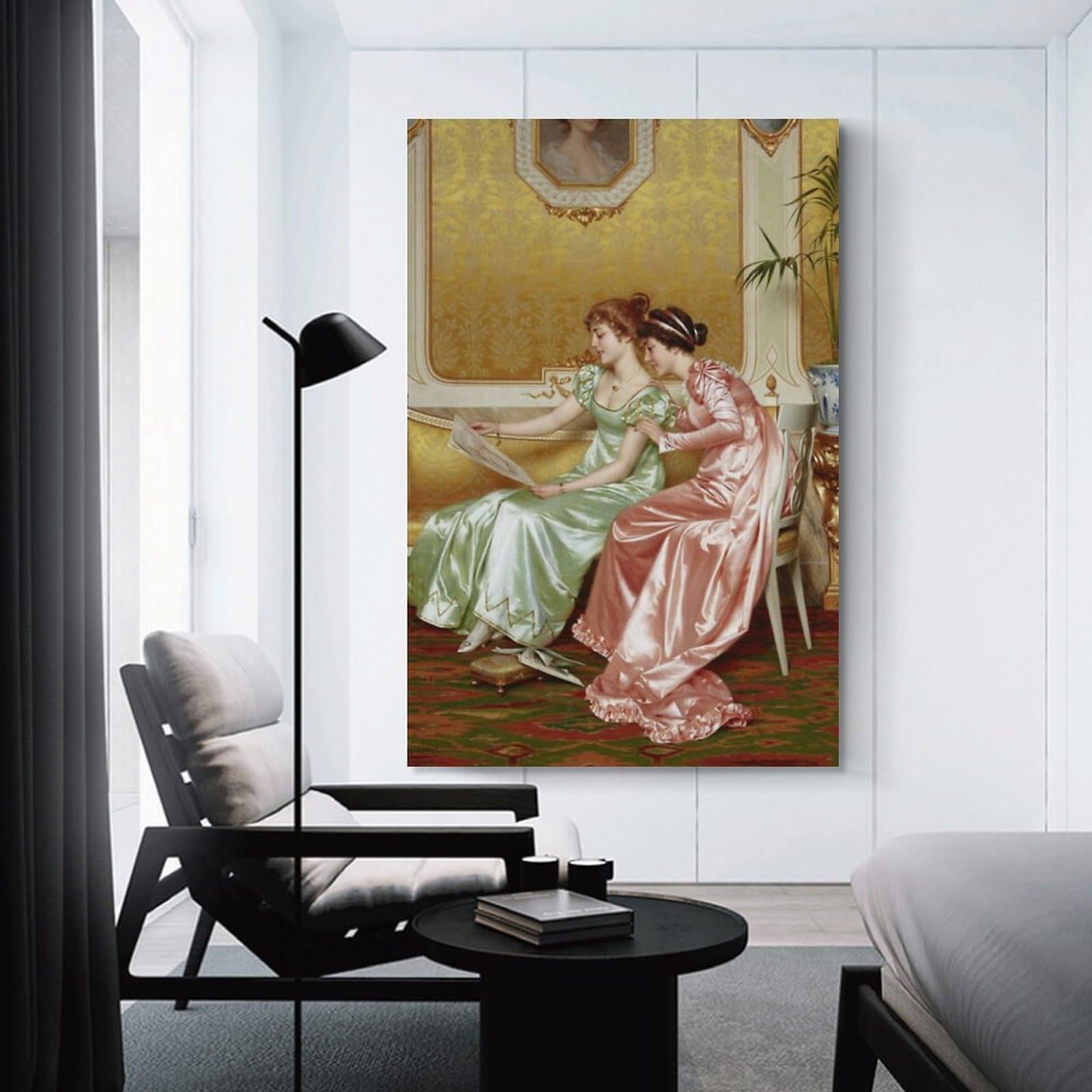 Vittorio Reggianini - Dos elegantes damas jóvenes en un interior examinando una revista, póster de lienzo, póster de pared, impresión artística para el hogar, decoración moderna, 60 x 90 cm