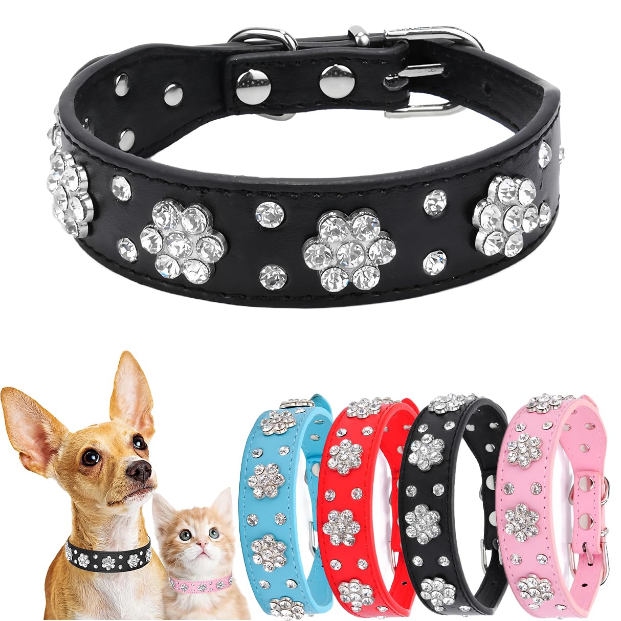 Bling Diamond Dog Collars for Small Dog Sparkling Leather Pet Collar Girl Female Rhinestone Crystal Glitter for XSmall Small Medium Dogs (Black,M)