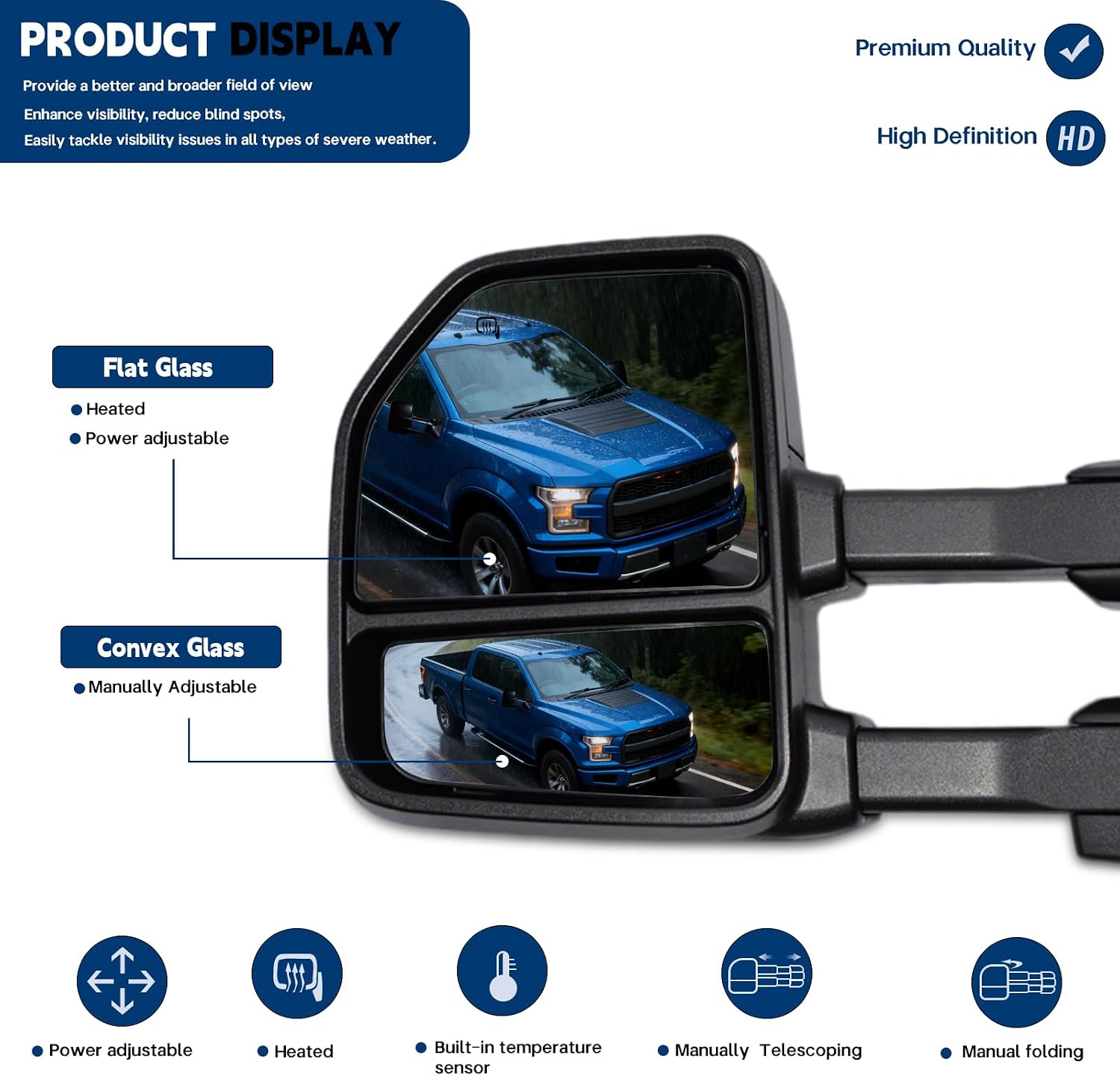 AERDM Tow Mirrors Compatible with 2015–2020 Ford F-150 Trailer Towing Side Mirrors Power Heated Defrost Glass Turn Signal Auxiliary Light, Puddle Light Temp Sensor 22 to 8 Pin