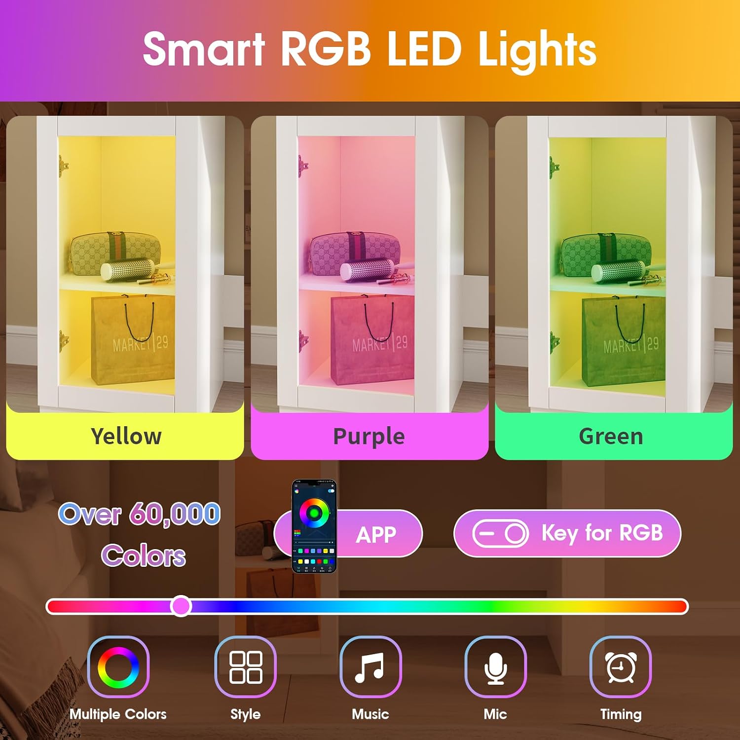 Image showing the glass cabinet with RGB LED lights displaying Yellow, Purple, and Green colors, along with icons for app control features like multiple colors, style, music, mic, and timing.