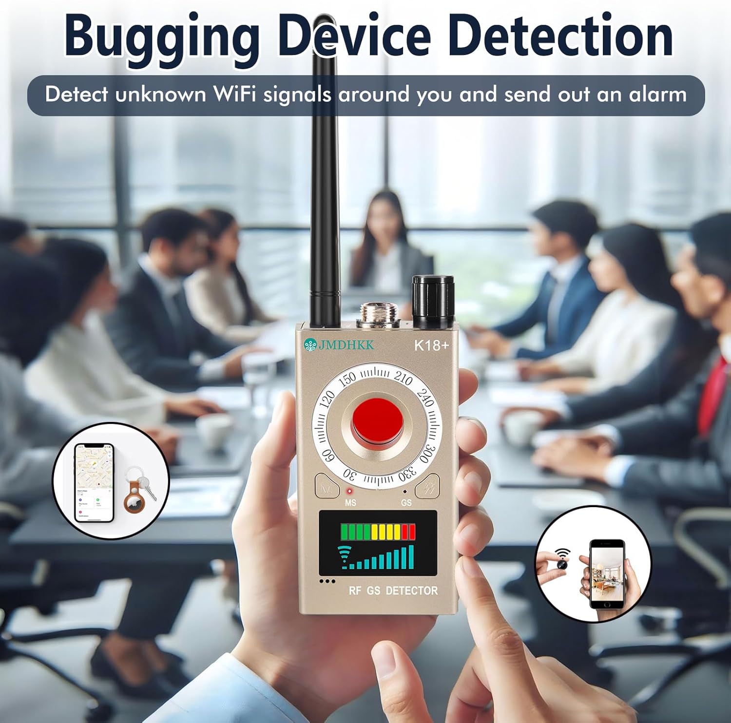 JMDHKK K18+ detector performing bugging device detection in a meeting room, showing signal strength on display