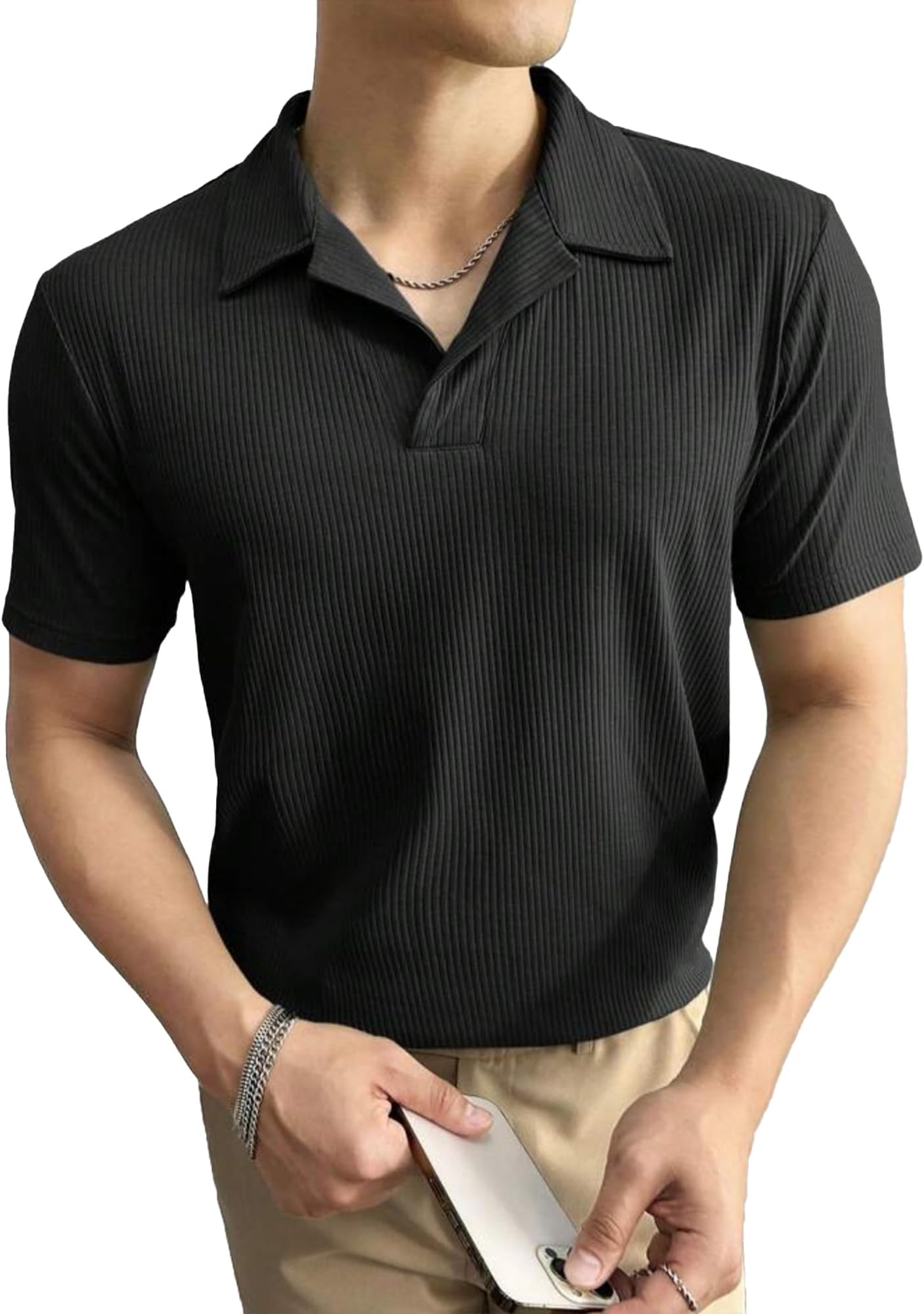 Jump CutsMen Solid Textured Plain Polo Neck Half Sleeve Black Cottonblend T-Shirt