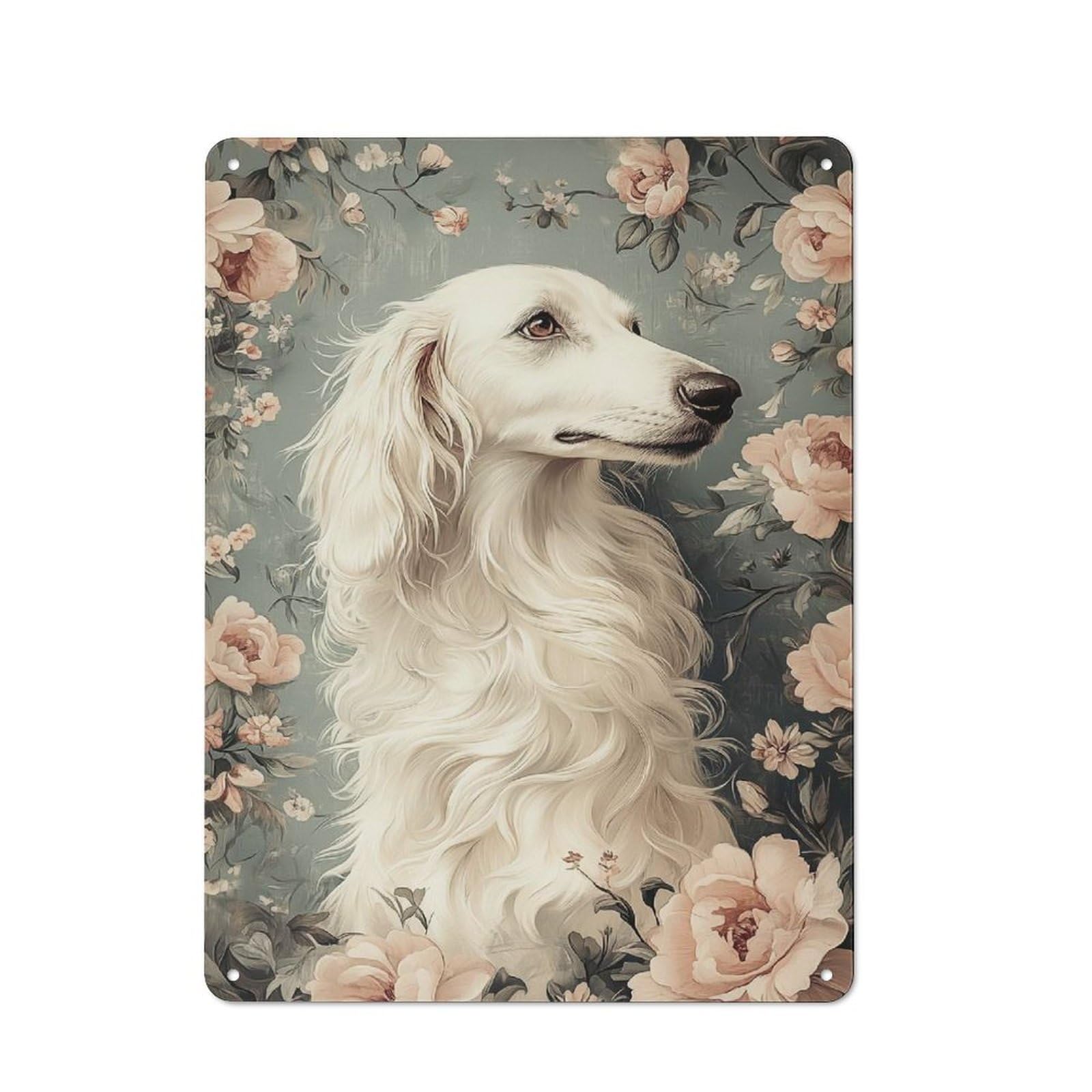 Junmoney Style-17 Metal Sign 40X30cm With White Borzoi Dog In Floral Frame For Workshop Wall, Vintage Decor, For Vintage Wall Decor Fans, For Metal Sign Collectors