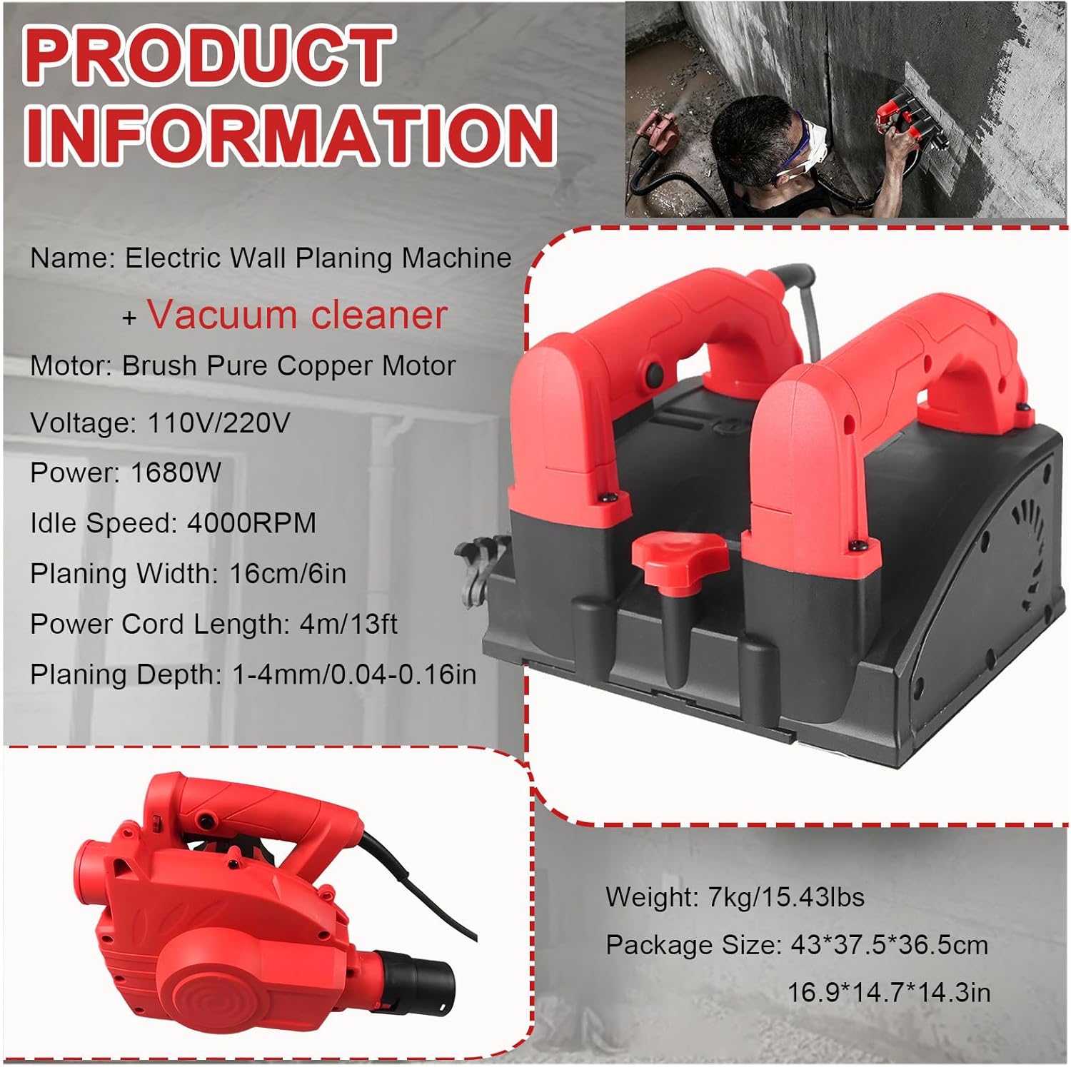 Electric Wall Planing Machine, Concrete Shovel, Shovel Wall Machine, Handheld Power Wall Scraper Planner with Vacuum cleaner Depth 0.04-0.16in for Removing Paint Putty Ordinary-knife