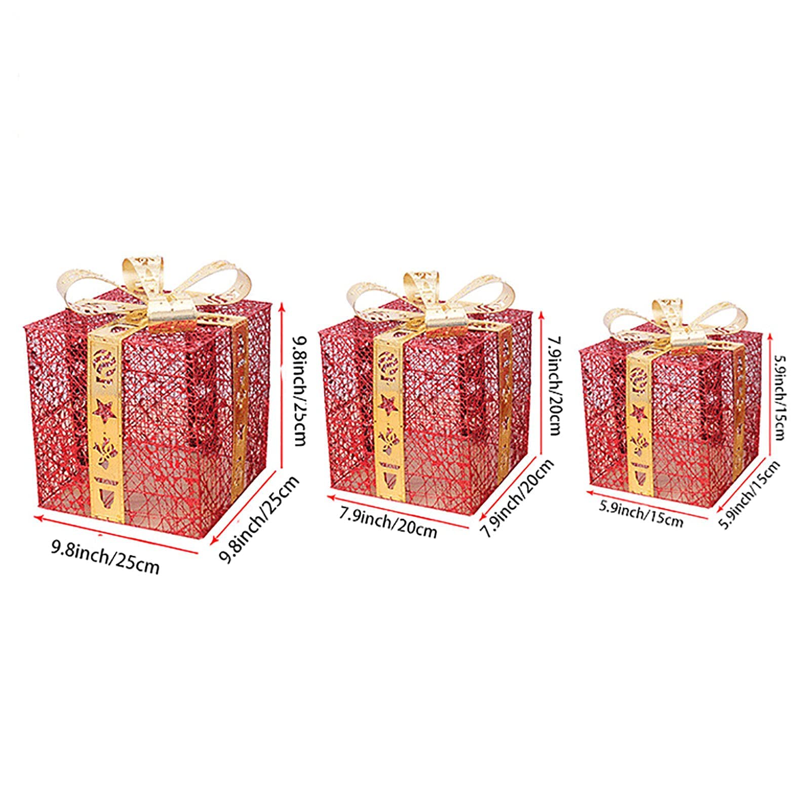 Cajas de regalo para Navidad, Juego de 3 cajas decorativas de cajas de regalo iluminadas navideñas, for decoración del hogar interior de vacaciones(Rosso)