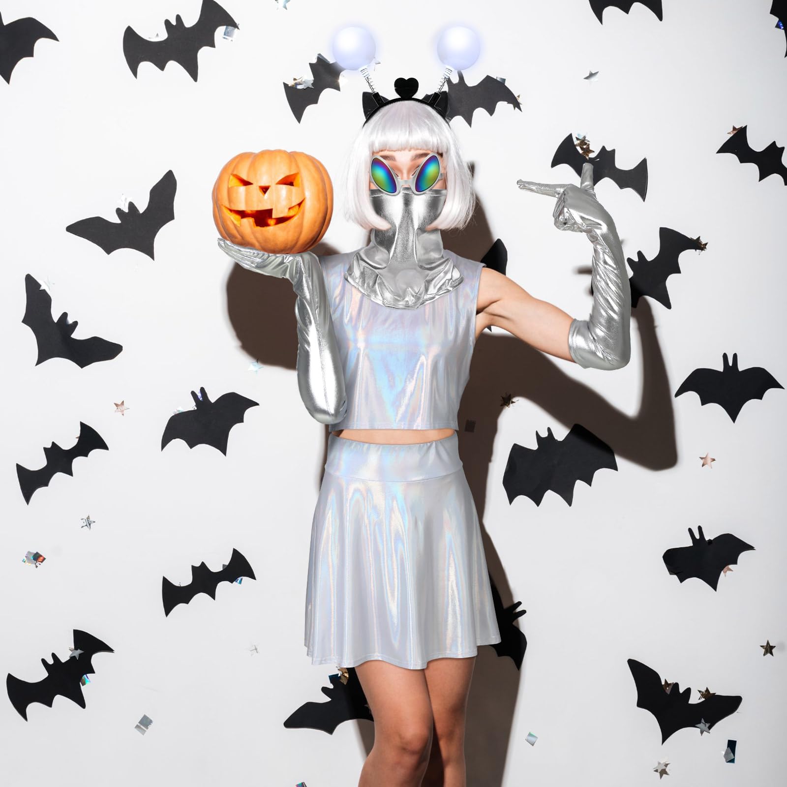 Xuhal 8 Pcs Alien Costume Women Alien Headband Antenna Martian Glasses Metallic Crop Tank Top Pleated Skirt Silver Glitter Shiny Scarf Shiny Metallic Gloves for Space Costume Halloween Cosplay Favors