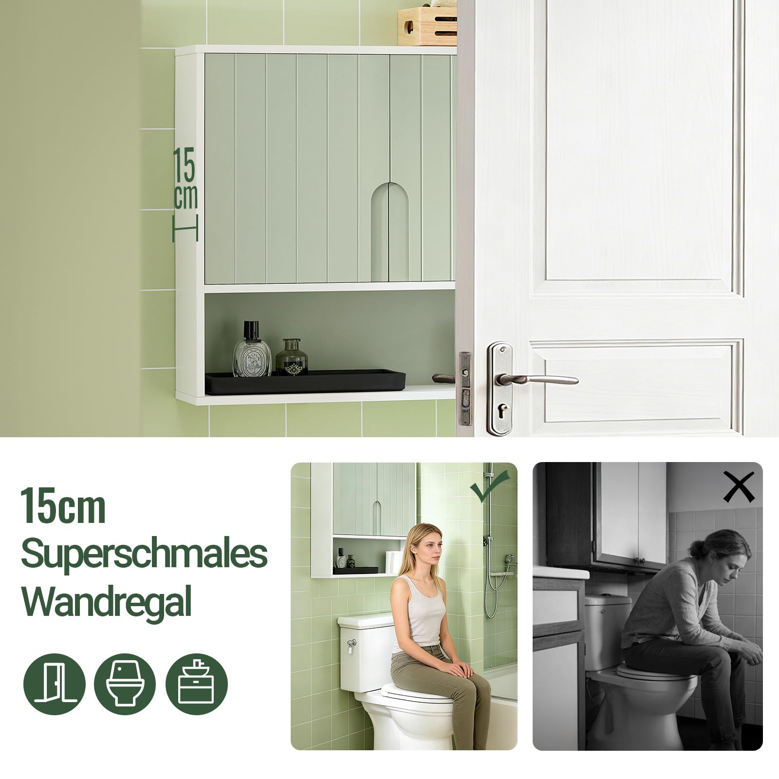SoBuy Hängeschrank – Schmaler Wandschrank Bad, Badezimmerschrank hängend mit Regal, Bathroom Cabinet, WC-Schrank, Medizinschrank 60×54×15 cm BZR140-GR