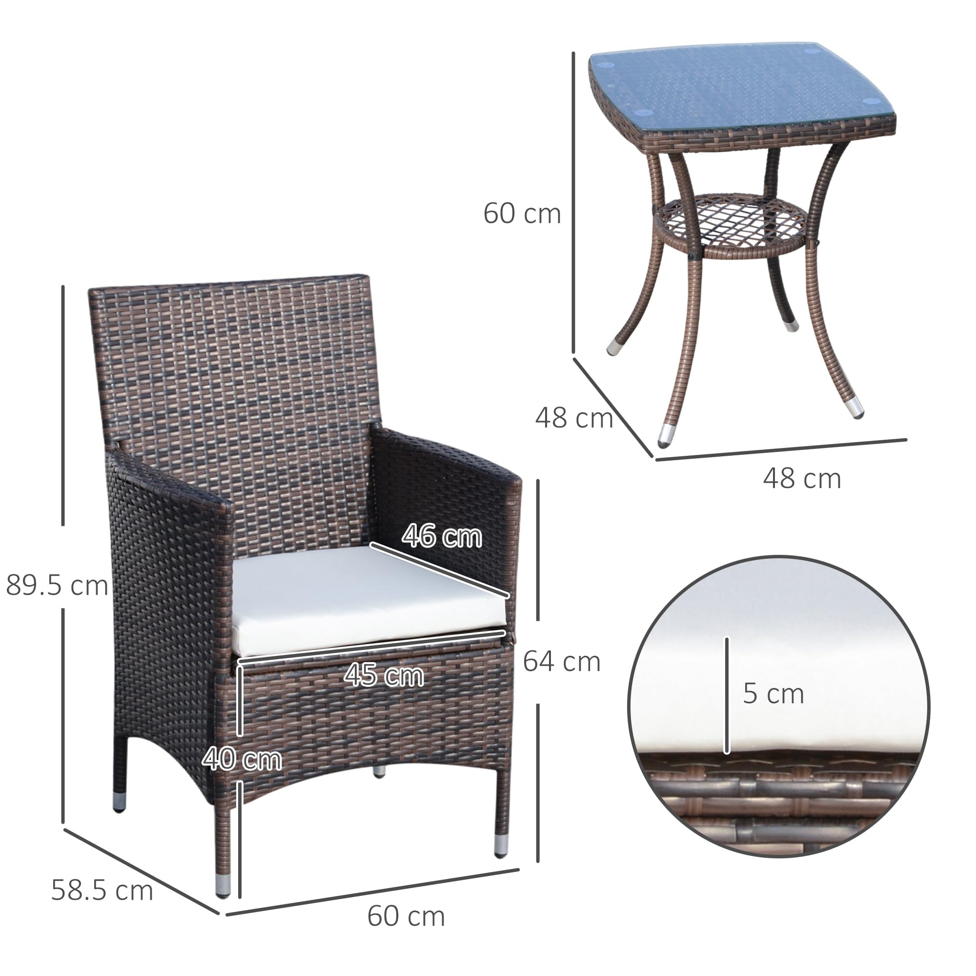 Outsunny Set Mobili da Giardino Rattan Set Arredamento Giardino 3pz Tavolo con 2 Sedie con Cuscini Marrone