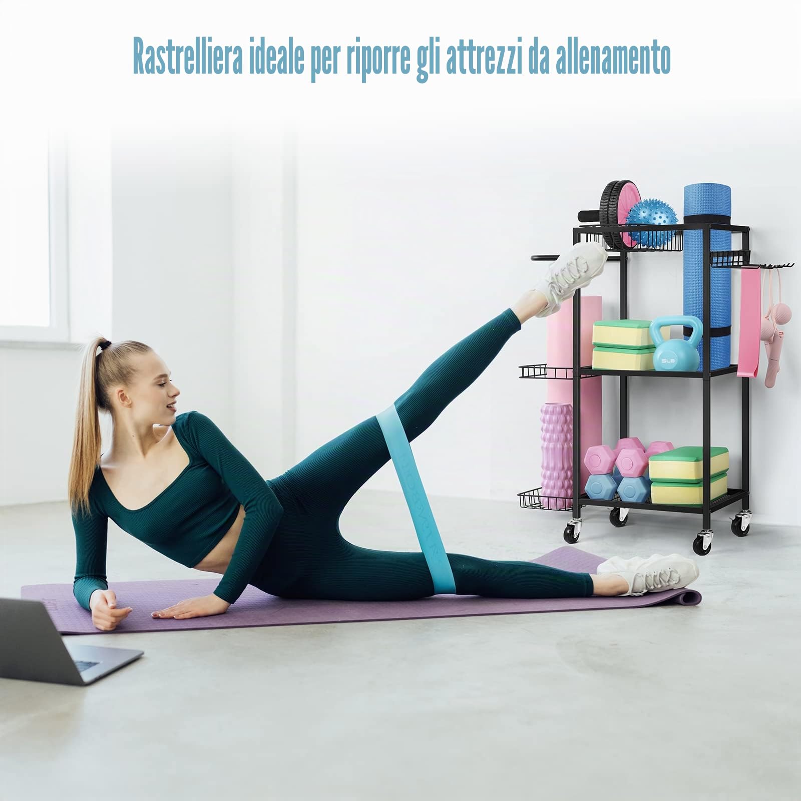 LIANTRAL Rastrelliera per manubri, tappetino da yoga, scaffale per attrezzature da allenamento per manubri, kettlebell, tappetino da yoga e palle, organizer per casa e palestra, con ganci e ruote