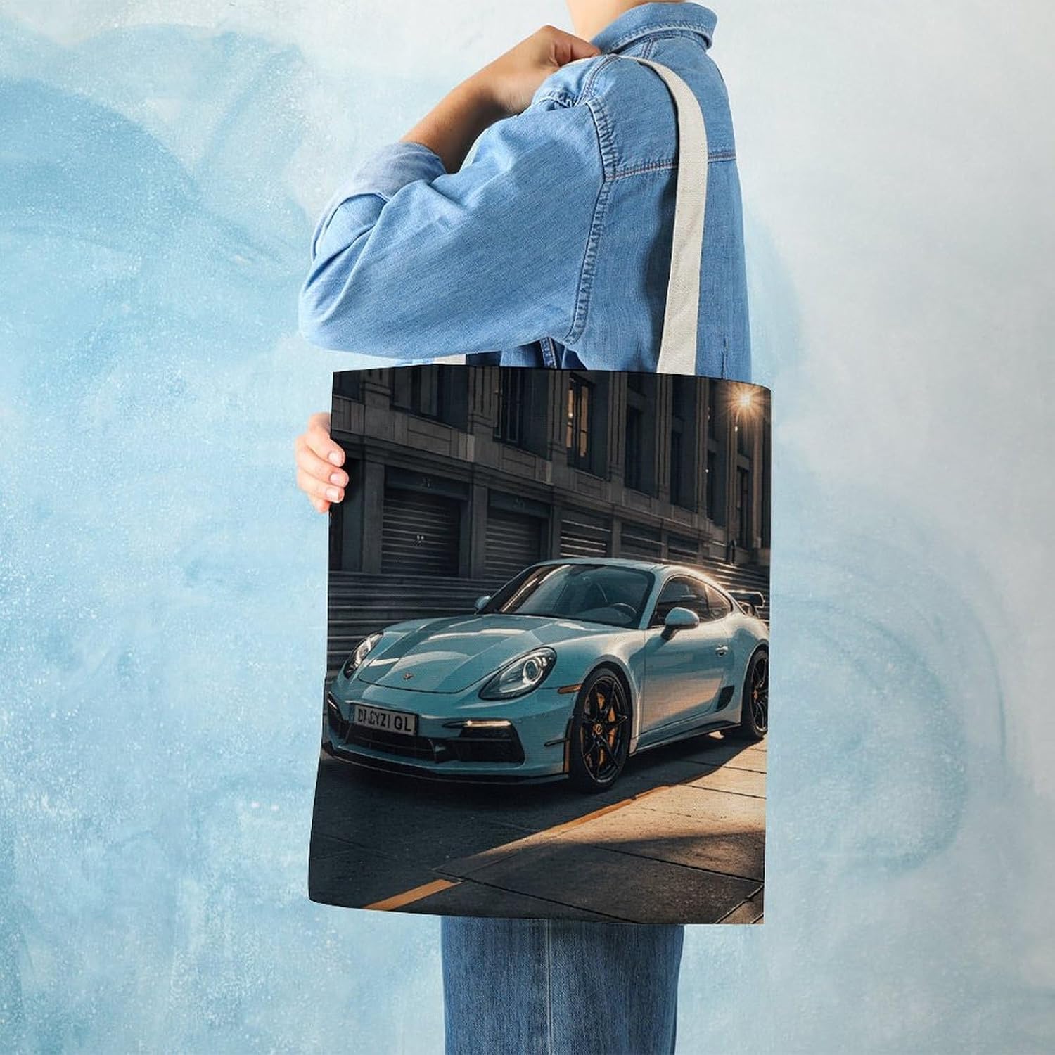 Urban Sports Car Canvas Tote Bag Reusable Grocery Bags Foldable Soft Cotton Shoulder Carry Bag