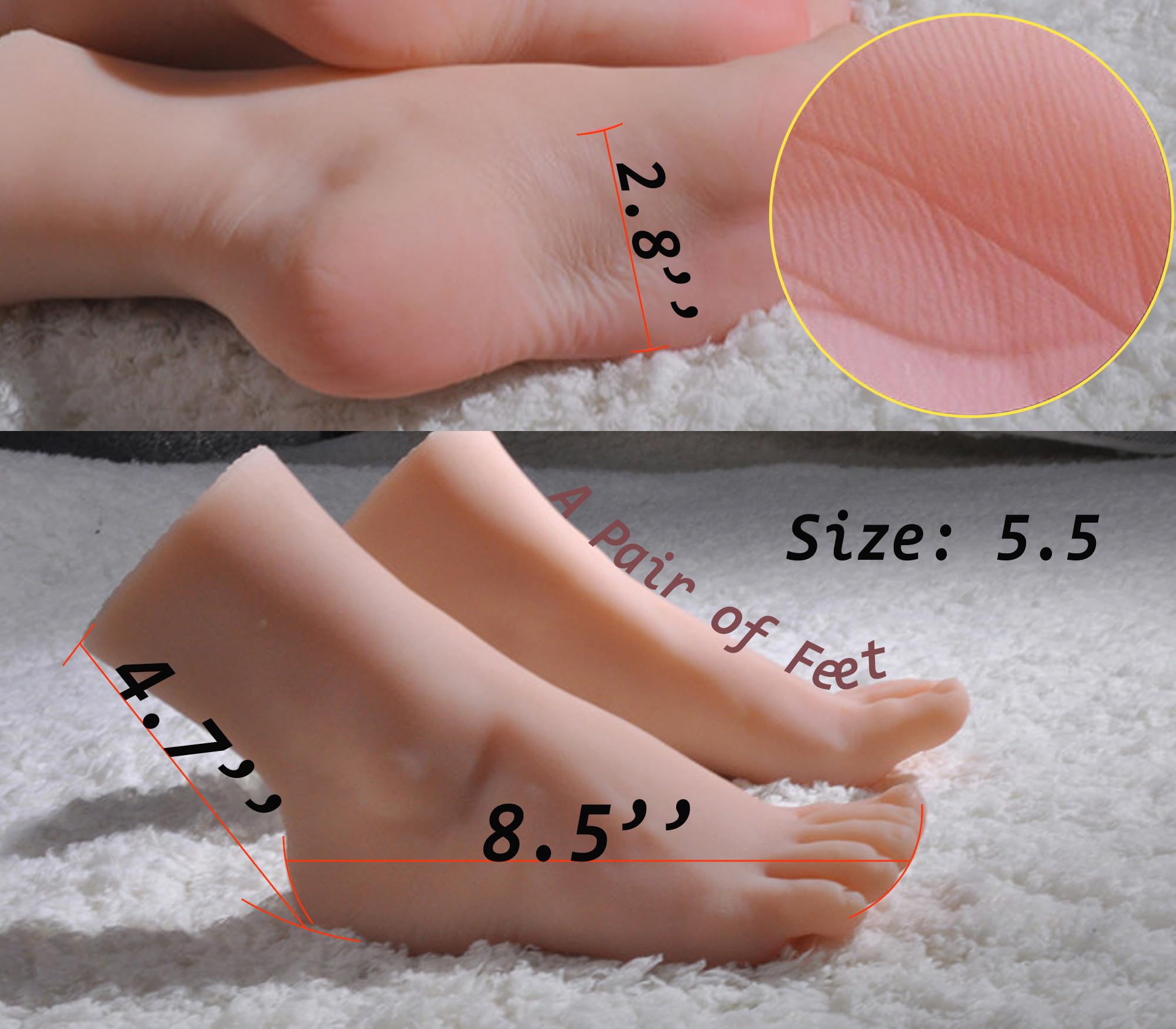 INTSUPERMAI Realistic Silicone Feet, 1 Pair, Solid Soft Silicone (No Skeleton), Life-Size Silicone Female Feet Mannequins for Sandals/ Jewellery/ Socks/ Manicure Display