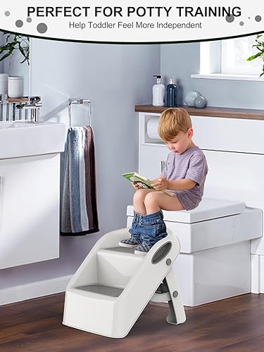 Miniatura 3 de Taburete de baño para niños pequeños color gris y blanco  Taburete plegable de 2 escalones para niños de 1 a 4 años  Ayudante de cocina infantil de