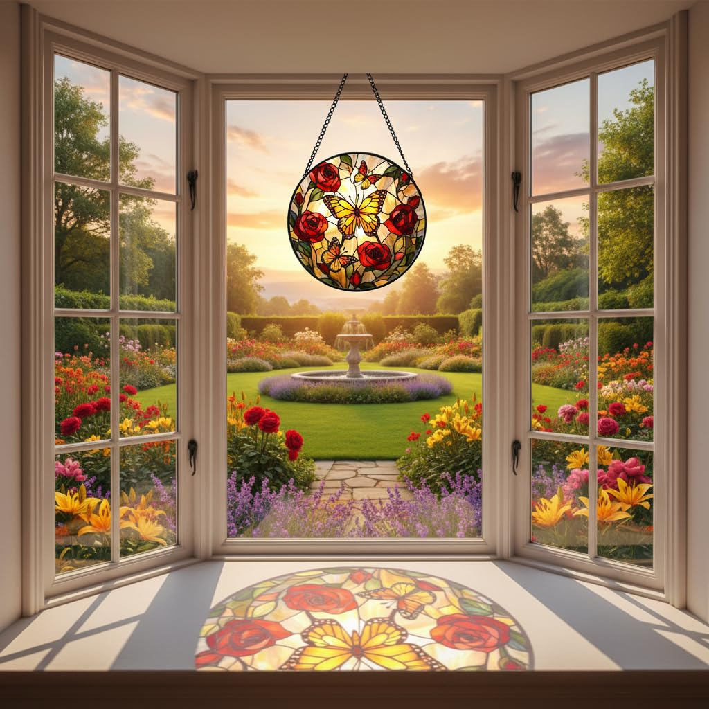 Atrapasueños de mariposa para colgar en la ventana, atrapasueños de rosas de flores para decoración de ventanas interiores, vitrales para decoración del hogar, regalo para mujeres, mamá 035