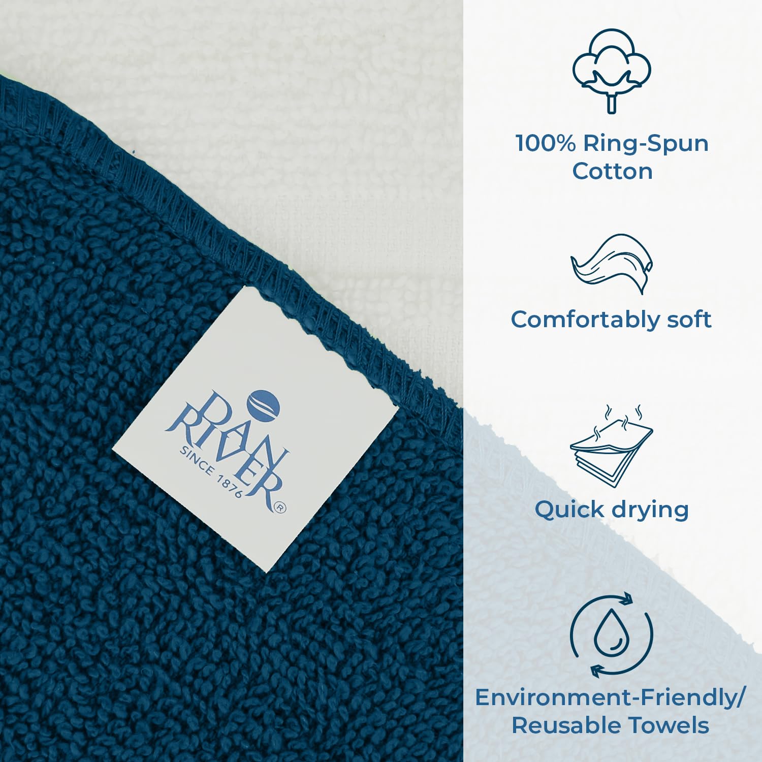 Dan River Paquete de 20 Toallas faciales 100% algodón, Toallas Esenciales de Secado rápido para baño, Manos, Cocina y Limpieza, paños de bebé | 11 x 11 Pulgadas | 400 g/m² | Azul ópalo + Blanco