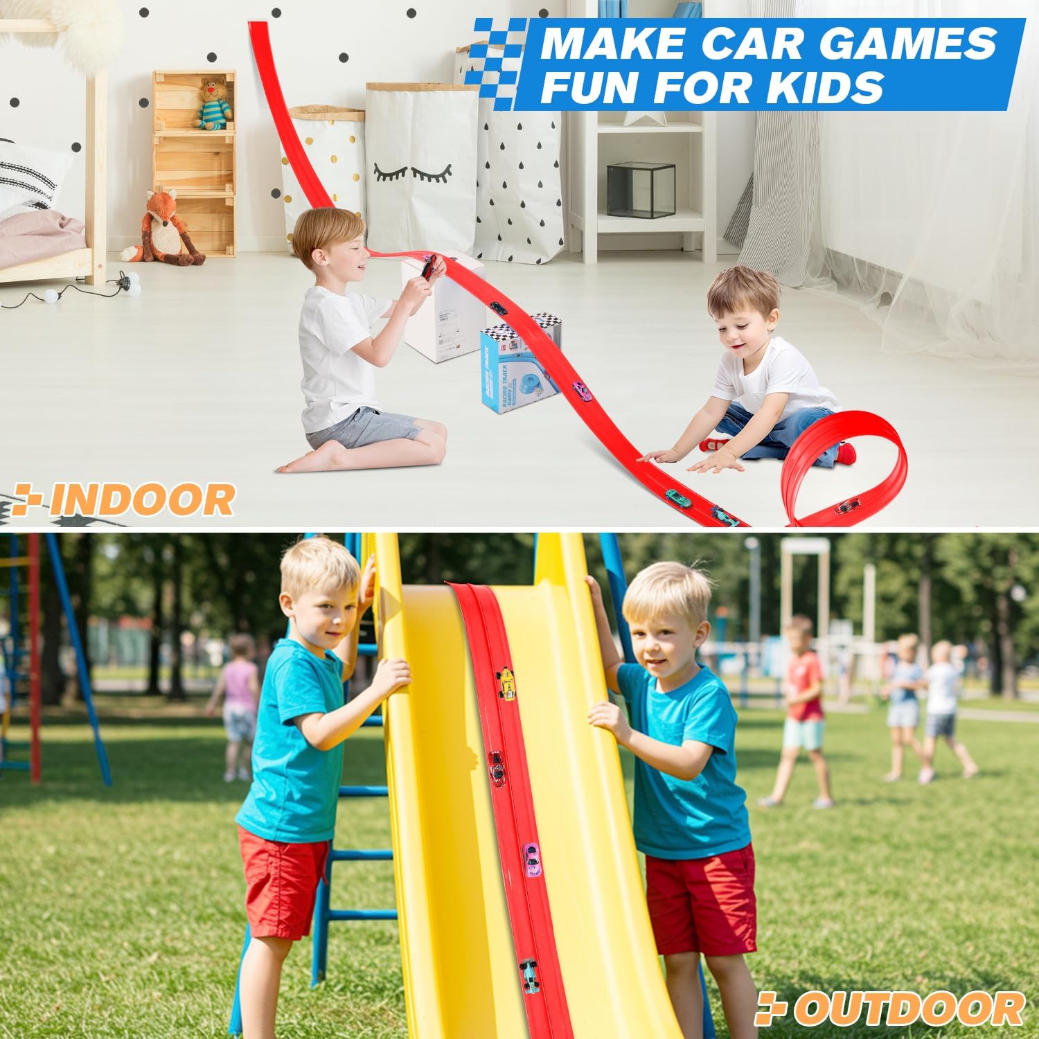 Flex Track 15 Ft Flexible Race Car Track for Kids Toy with Suction Cups Compatible with Hot Wheels and Diecast 1/64th Cars and More 15 Feet Long Rolls Up Portable Race Track