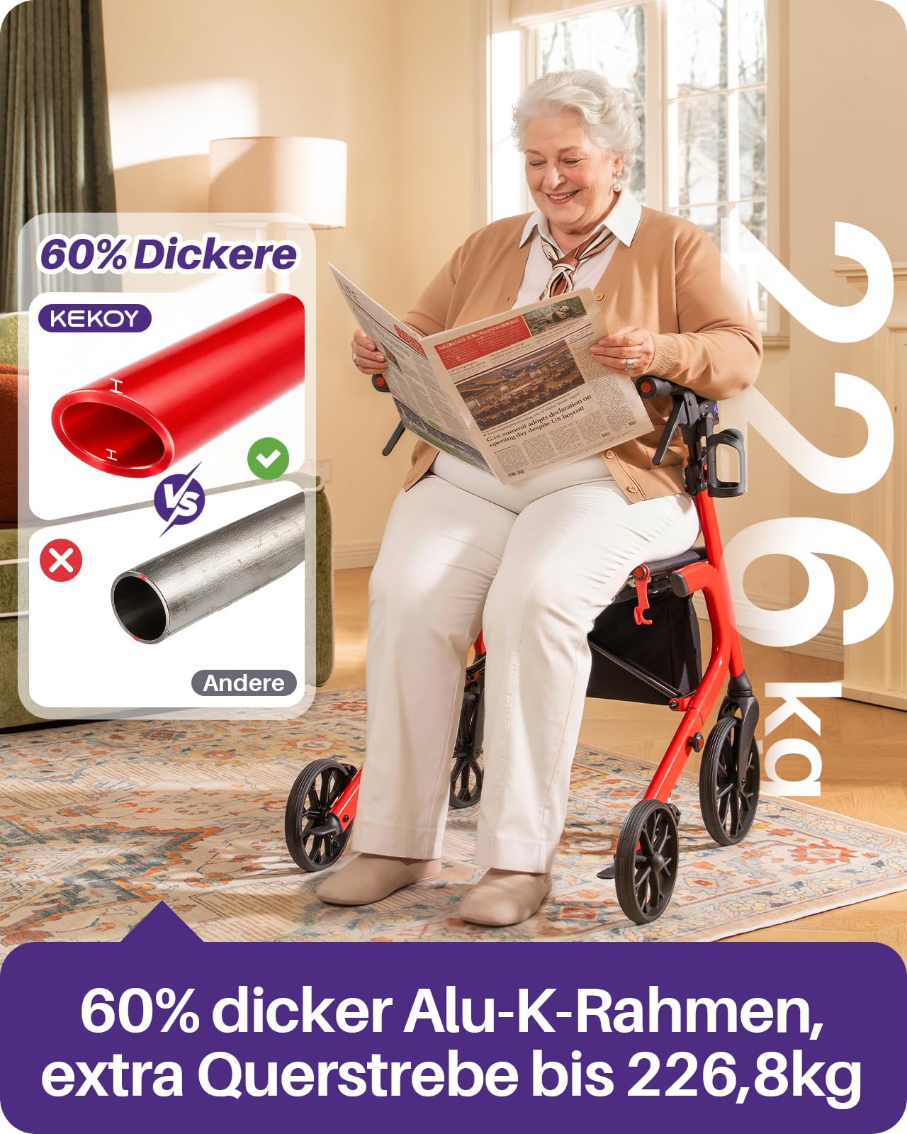 Kekoy Bariatrischer Rollator faltbar mit Sitz für Senioren, 226 kg Traglast | Auf allen Geländen. Aluminium höhenverstellbarer Outdoor Rollator mit 50 cm Sitzkissen, Lehne, Stauraum & Becherhalter, Rot